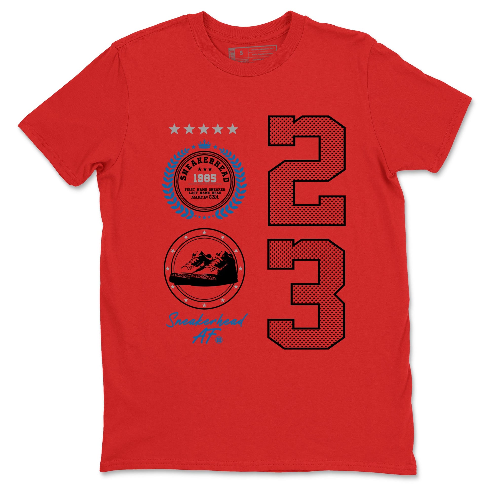 Sneaker Emblem sneaker match t-shirt styled to complete your fit with the Air Jordan 3 Rare Air sneakers, shown in Red 2.