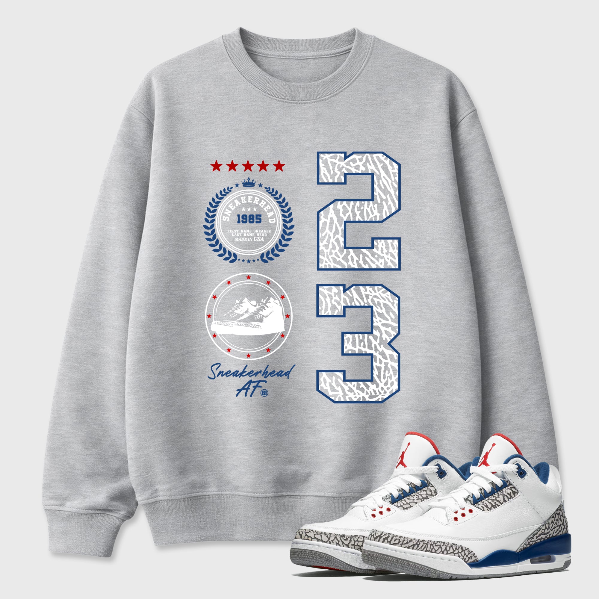 Sneaker Emblem Graphic T-Shirt featuring original streetwear artwork designed to match the Air Jordan 3 True Blue. Heather Grey 1 Graphic Tee.