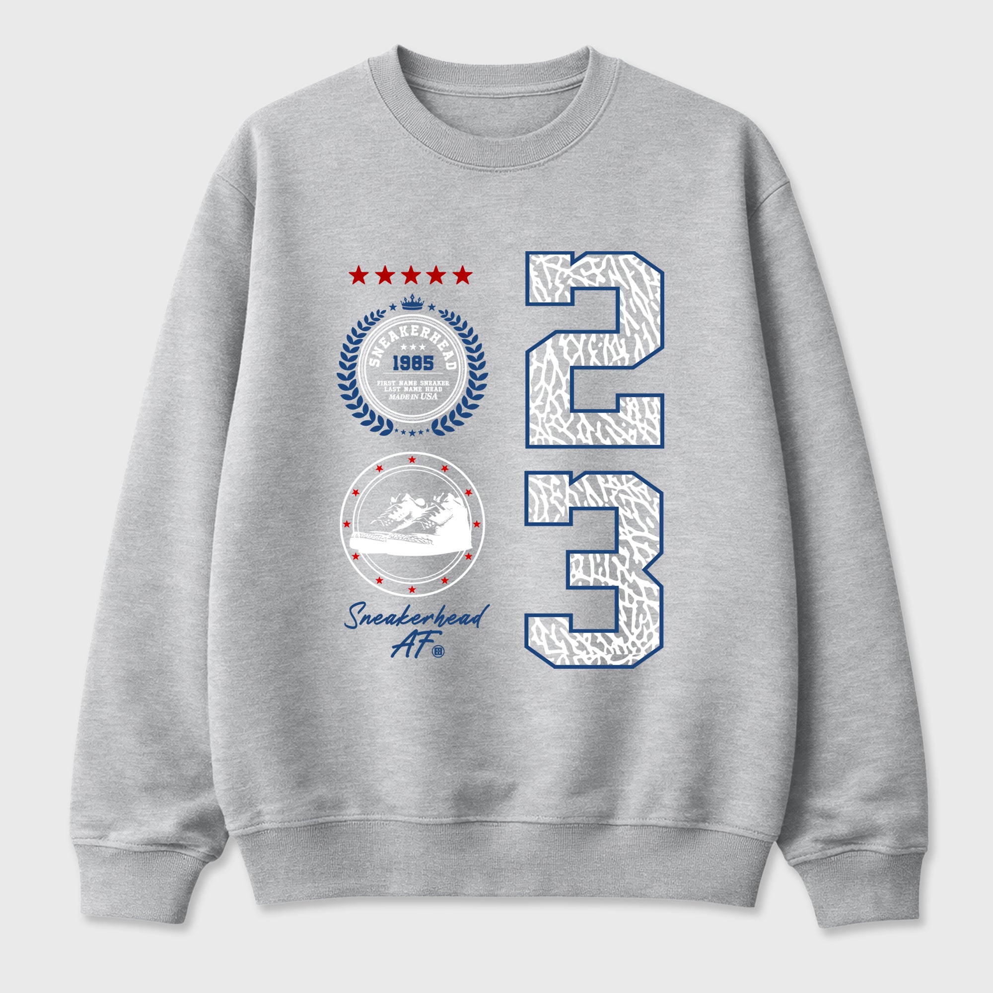 Sneaker Emblem Graphic T-Shirt featuring original streetwear artwork designed to match the Air Jordan 3 True Blue. Heather Grey 2 Graphic Tee.