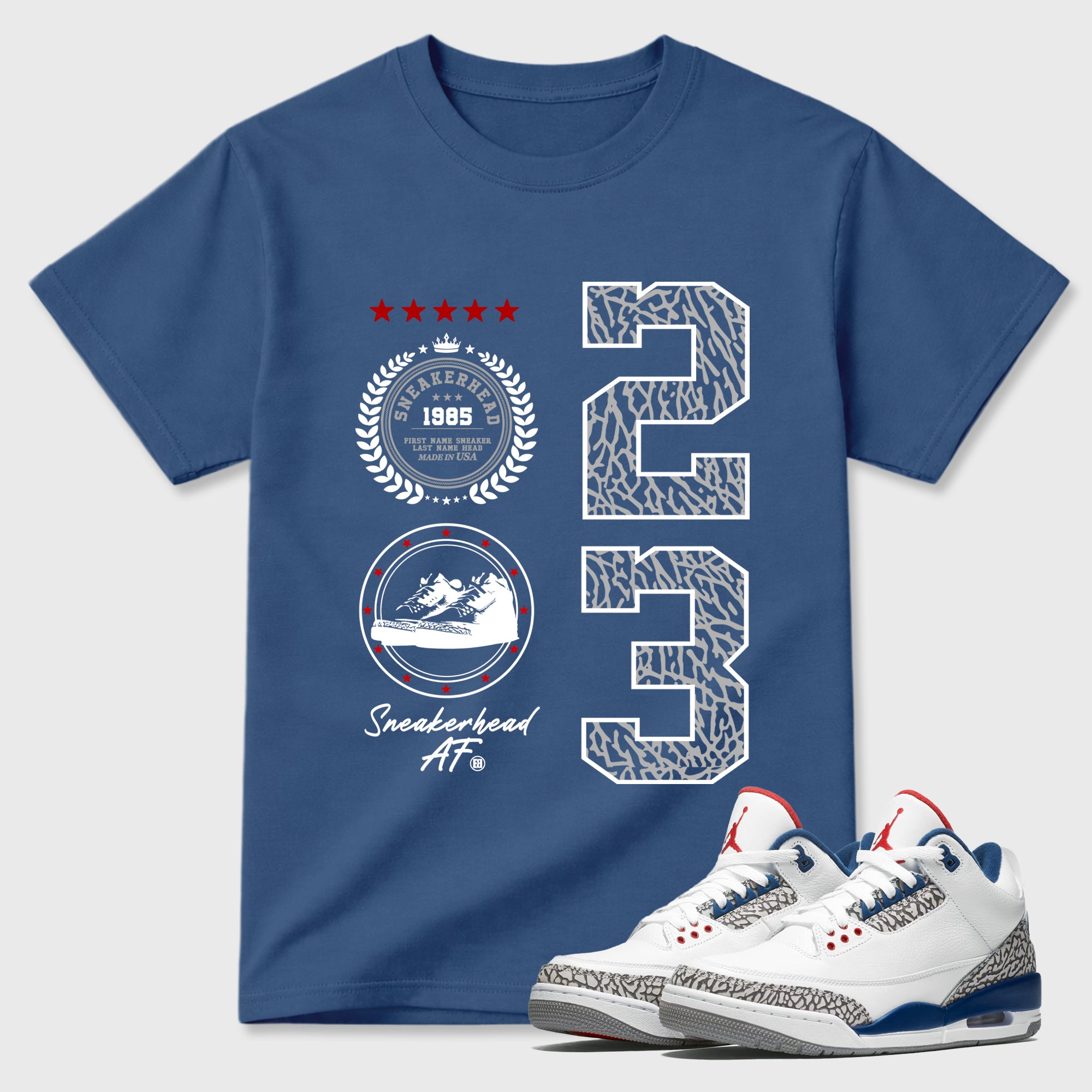 Sneaker Emblem Graphic T-Shirt featuring original streetwear artwork designed to match the Air Jordan 3 True Blue. Denim Blue 1 Graphic T-Shirt.