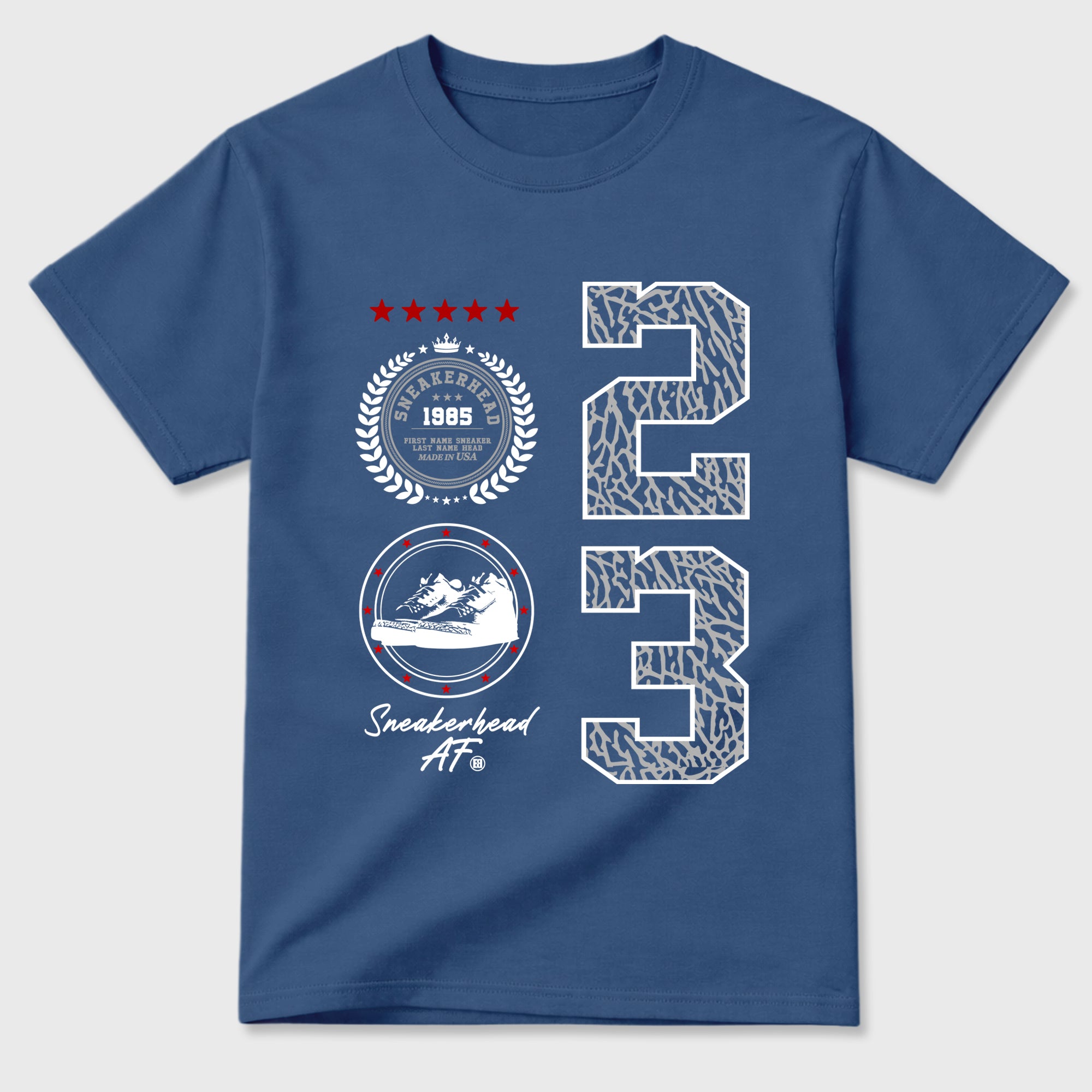 Sneaker Emblem Graphic T-Shirt featuring original streetwear artwork designed to match the Air Jordan 3 True Blue. Denim Blue 2 Graphic T-Shirt.
