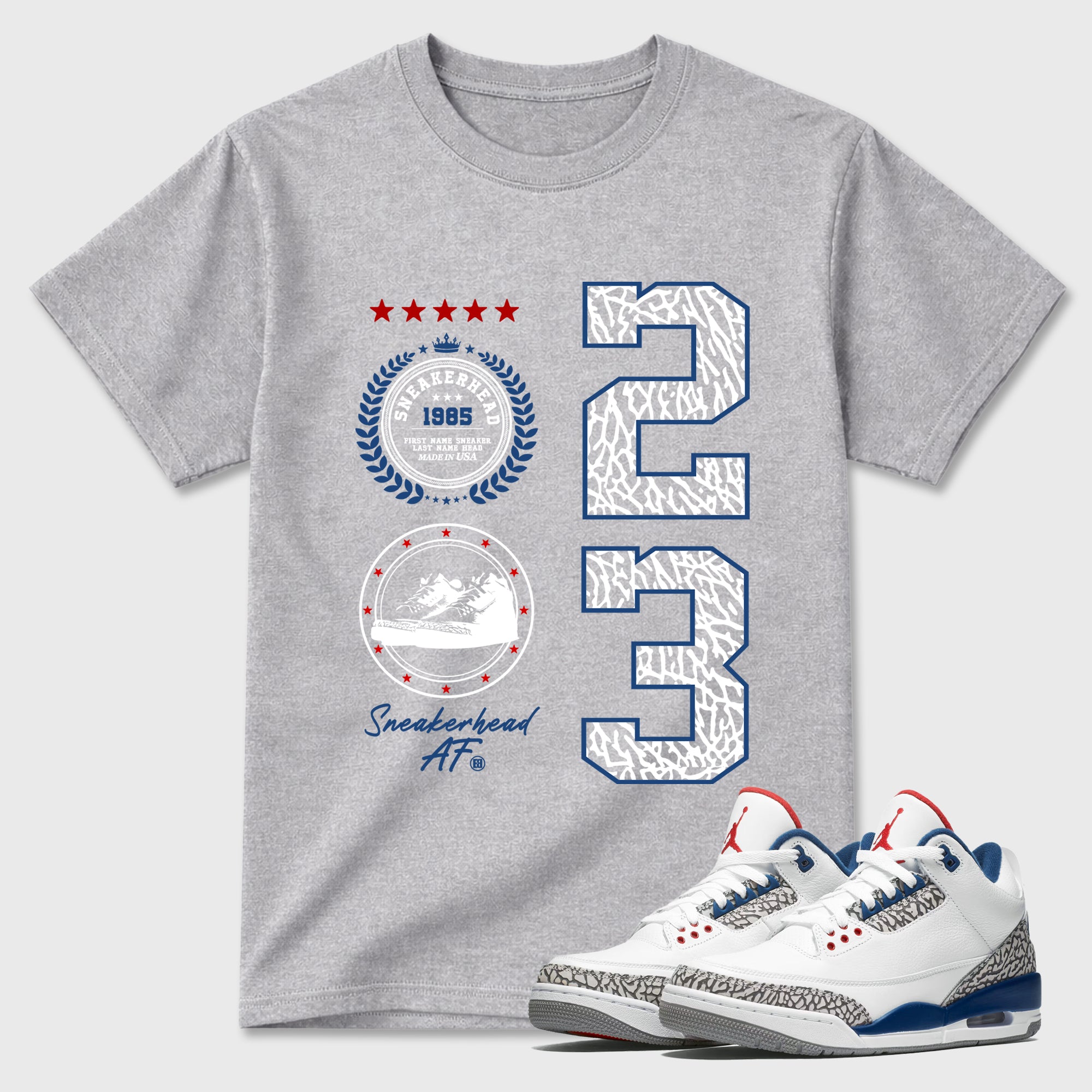 Sneaker Emblem Graphic T-Shirt featuring original streetwear artwork designed to match the Air Jordan 3 True Blue. Heather Grey 1 Graphic T-Shirt.