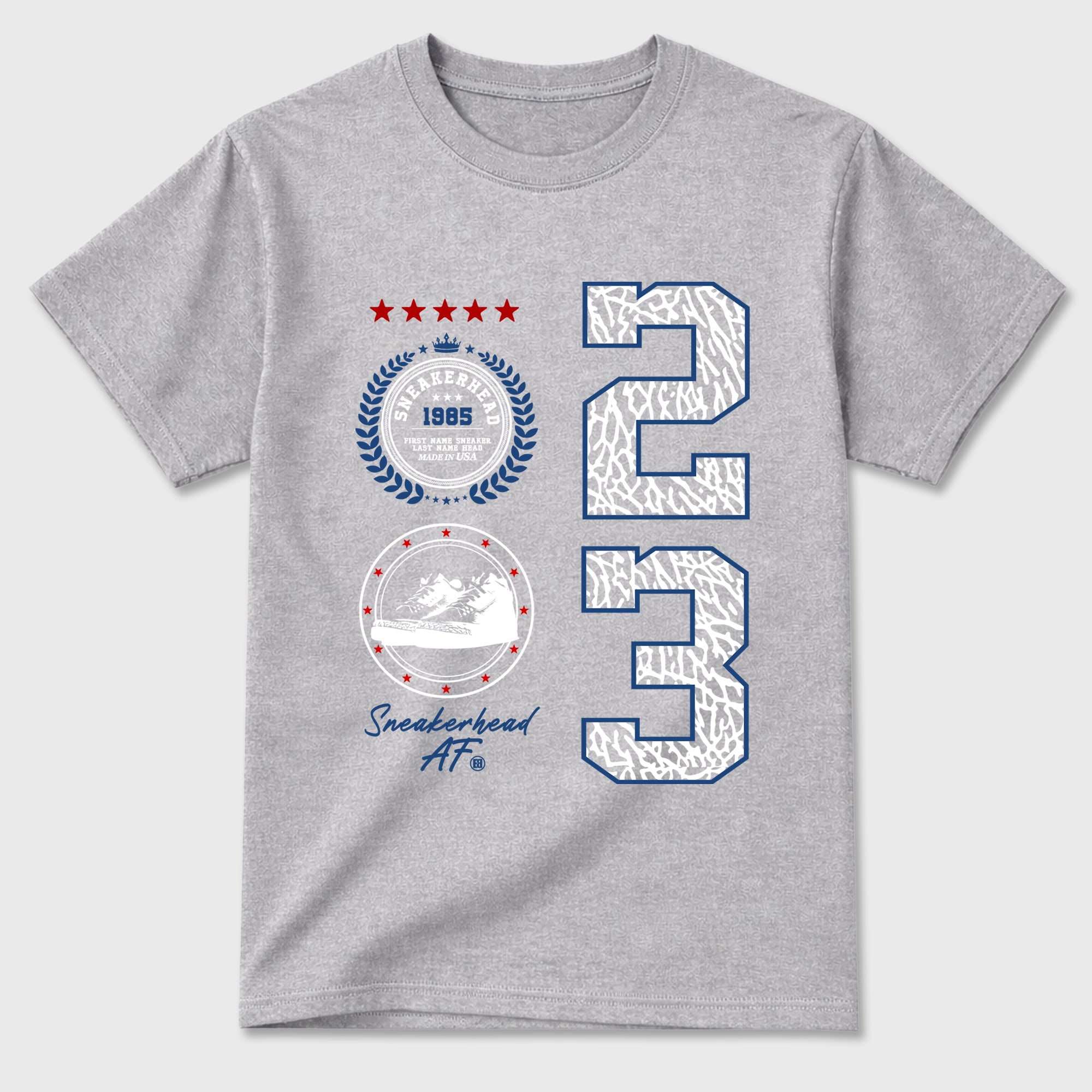 Sneaker Emblem Graphic T-Shirt featuring original streetwear artwork designed to match the Air Jordan 3 True Blue. Heather Grey 2 Graphic T-Shirt.