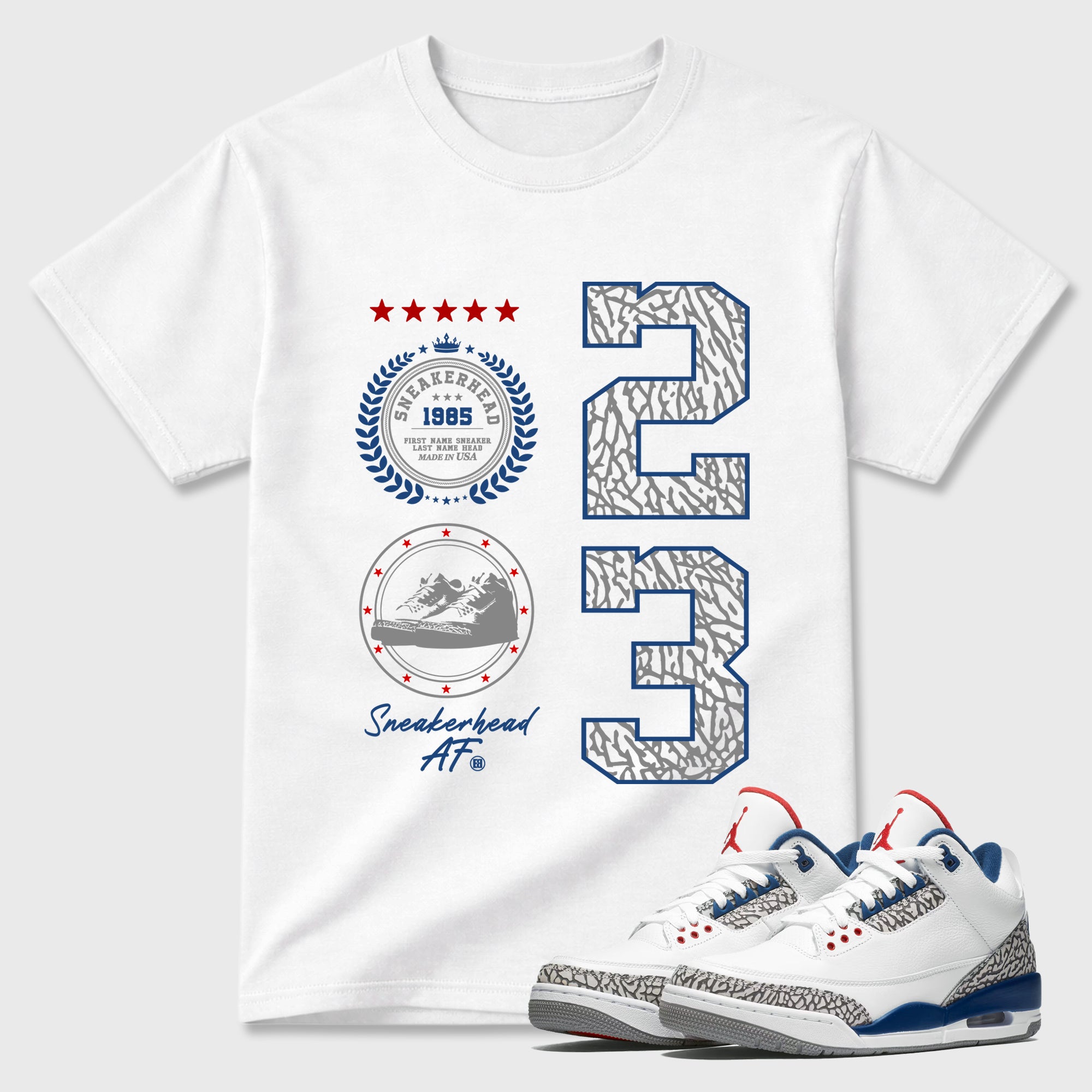 Sneaker Emblem Graphic T-Shirt featuring original streetwear artwork designed to match the Air Jordan 3 True Blue. White 1 Graphic T-Shirt.