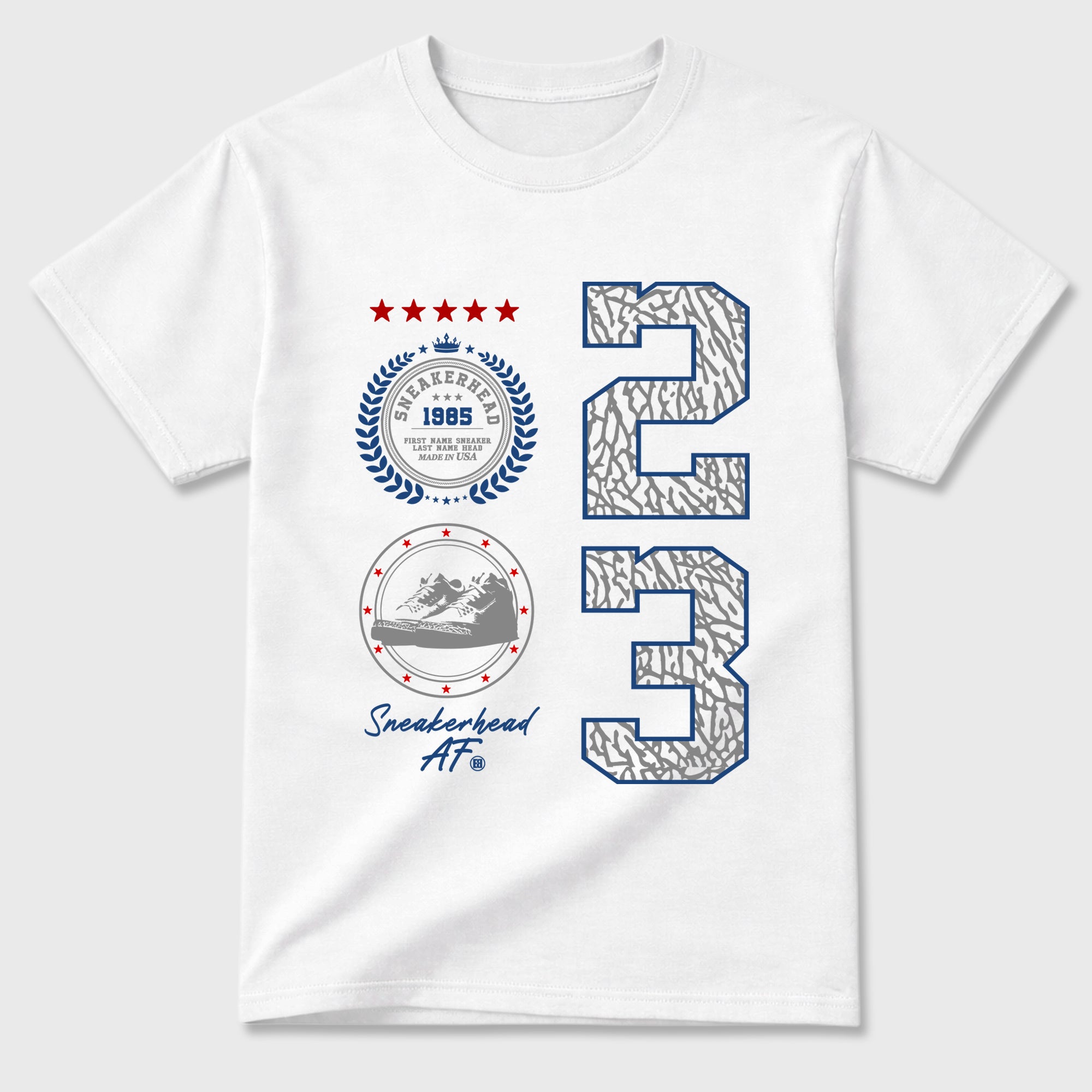 Sneaker Emblem Graphic T-Shirt featuring original streetwear artwork designed to match the Air Jordan 3 True Blue. White 2 Graphic T-Shirt.