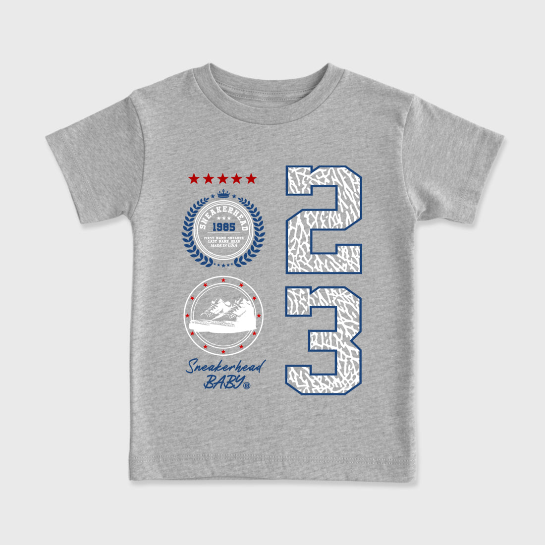 Sneaker Emblem Baby & Kids Graphic T-Shirt featuring original artwork designed to match the Air Jordan 3 True Blue. Heather Grey 2 Kids Graphic Tee.