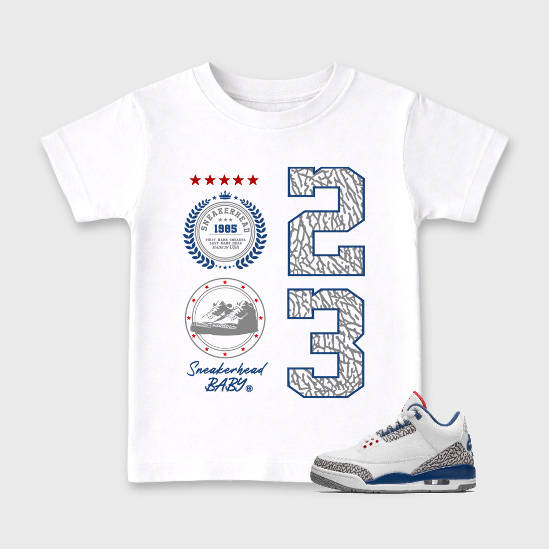 Sneaker Emblem Baby & Kids Graphic T-Shirt featuring original artwork designed to match the Air Jordan 3 True Blue. White 1 Kids Graphic Tee.
