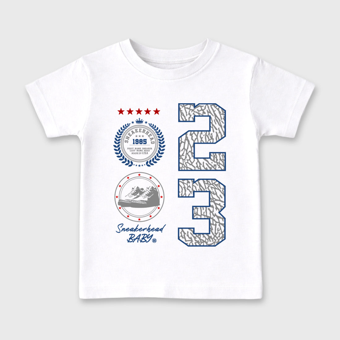 Sneaker Emblem Baby & Kids Graphic T-Shirt featuring original artwork designed to match the Air Jordan 3 True Blue. White 2 Kids Graphic Tee.