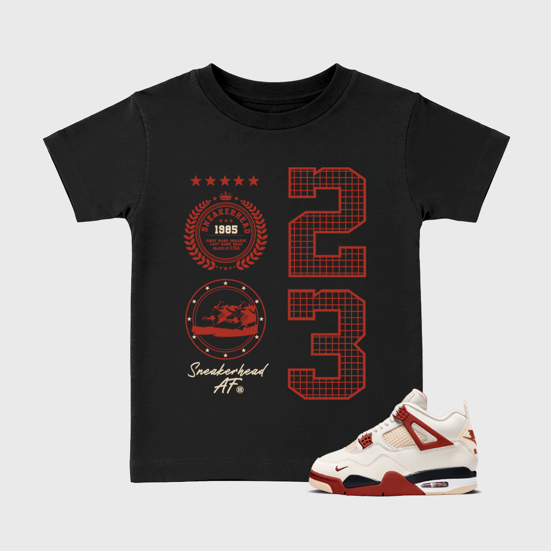 Sneaker Emblem affordable baby and kids t-shirt designed to match the Air Jordan 4 Brick After Brick, featuring coordinated Black 1 options for the perfect little sneakerhead streetwear look.