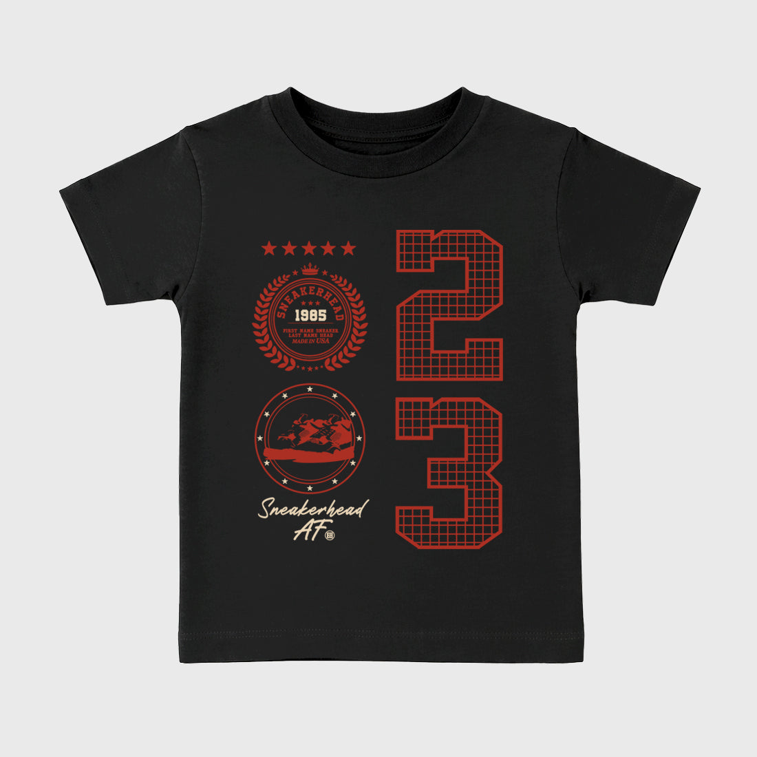 Sneaker Emblem affordable baby and kids t-shirt designed to match the Air Jordan 4 Brick After Brick, featuring coordinated Black 2 options for the perfect little sneakerhead streetwear look.