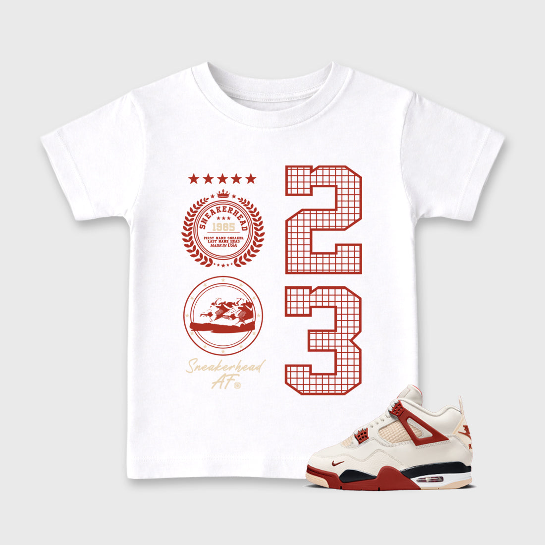 Sneaker Emblem affordable baby and kids t-shirt designed to match the Air Jordan 4 Brick After Brick, featuring coordinated White 1 options for the perfect little sneakerhead streetwear look.