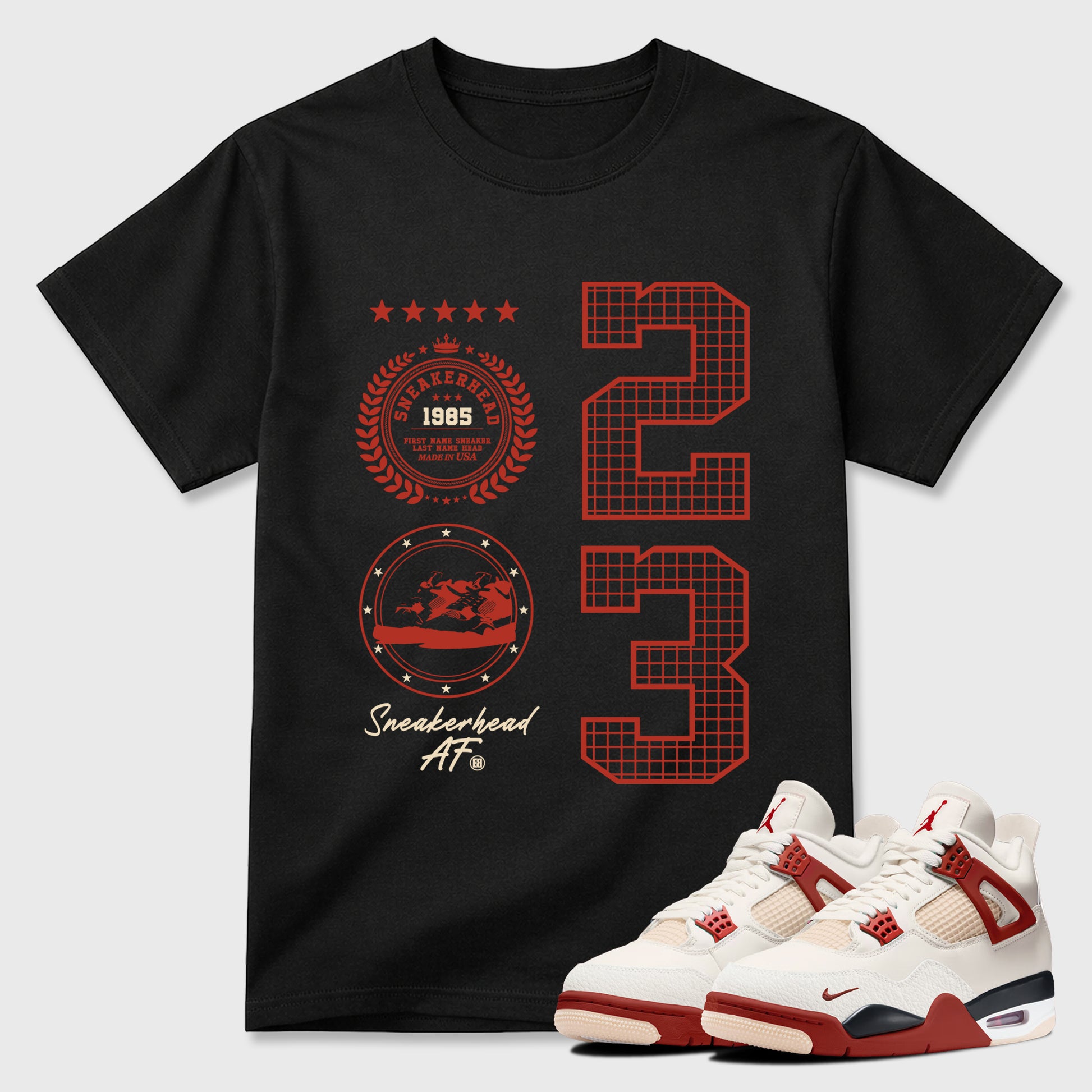 Sneaker Emblem Graphic T-Shirt sneaker match tee designed for the Air Jordan 4 Brick After Brick, featuring coordinated color options for a perfect streetwear match. Black 1 shirt.