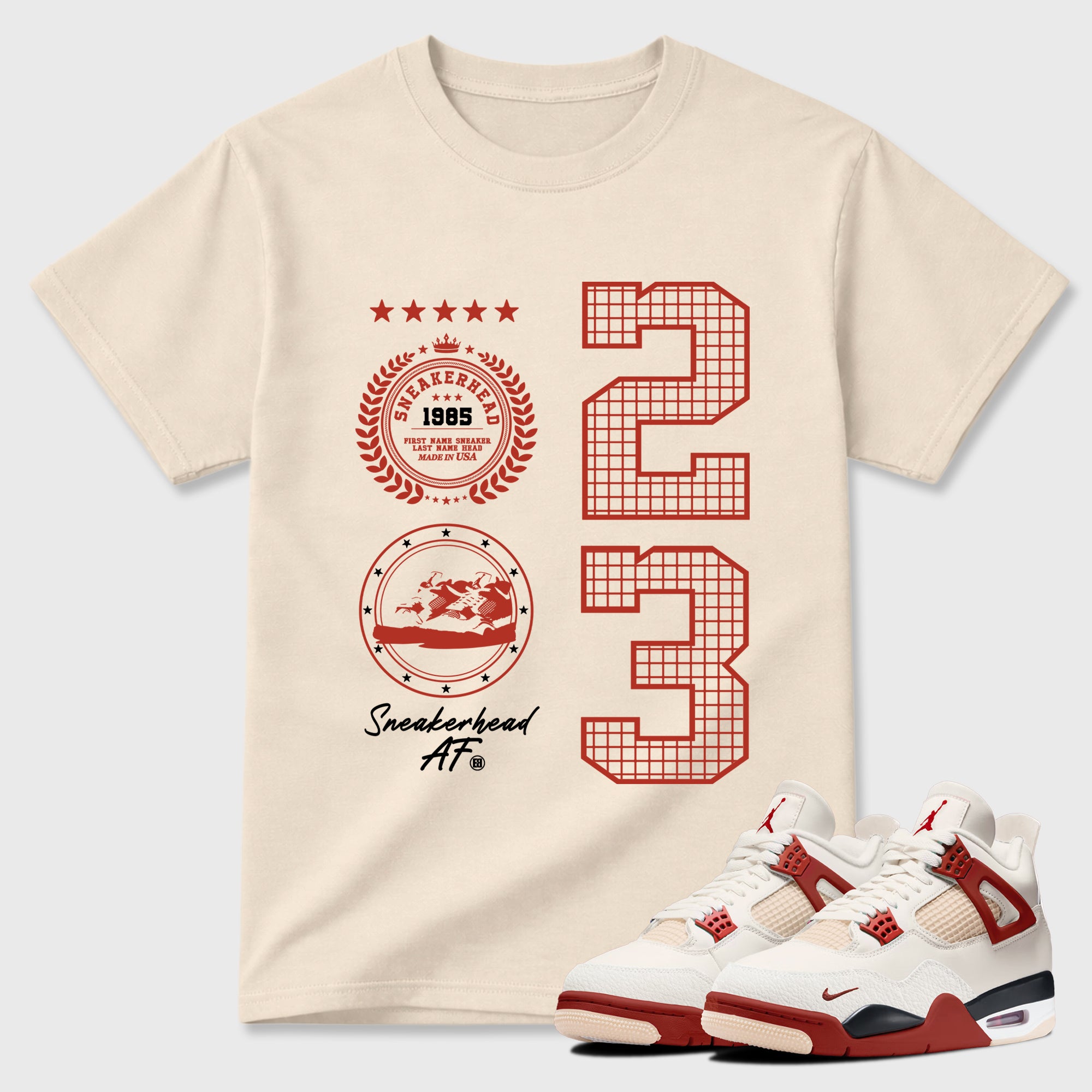 Sneaker Emblem Graphic T-Shirt sneaker match tee designed for the Air Jordan 4 Brick After Brick, featuring coordinated color options for a perfect streetwear match. Natural 1 shirt.