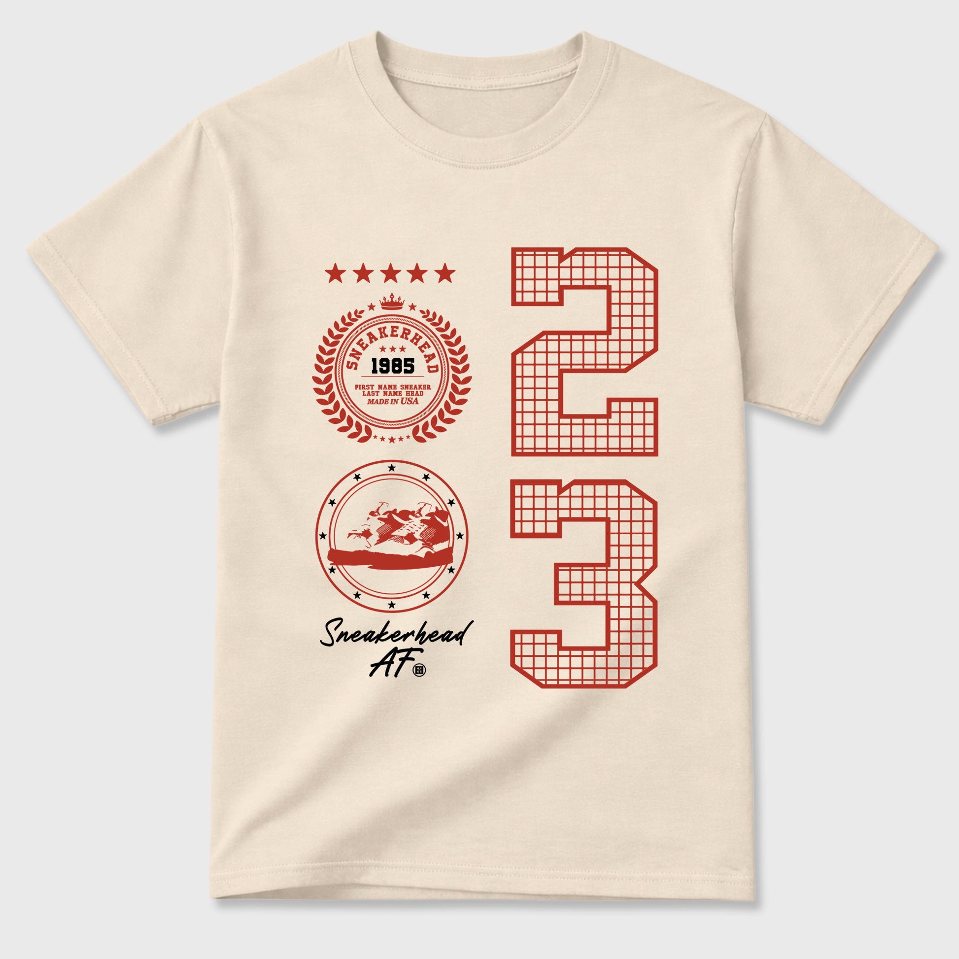 Sneaker Emblem Graphic T-Shirt sneaker match tee designed for the Air Jordan 4 Brick After Brick, featuring coordinated color options for a perfect streetwear match. Natural 2 shirt.