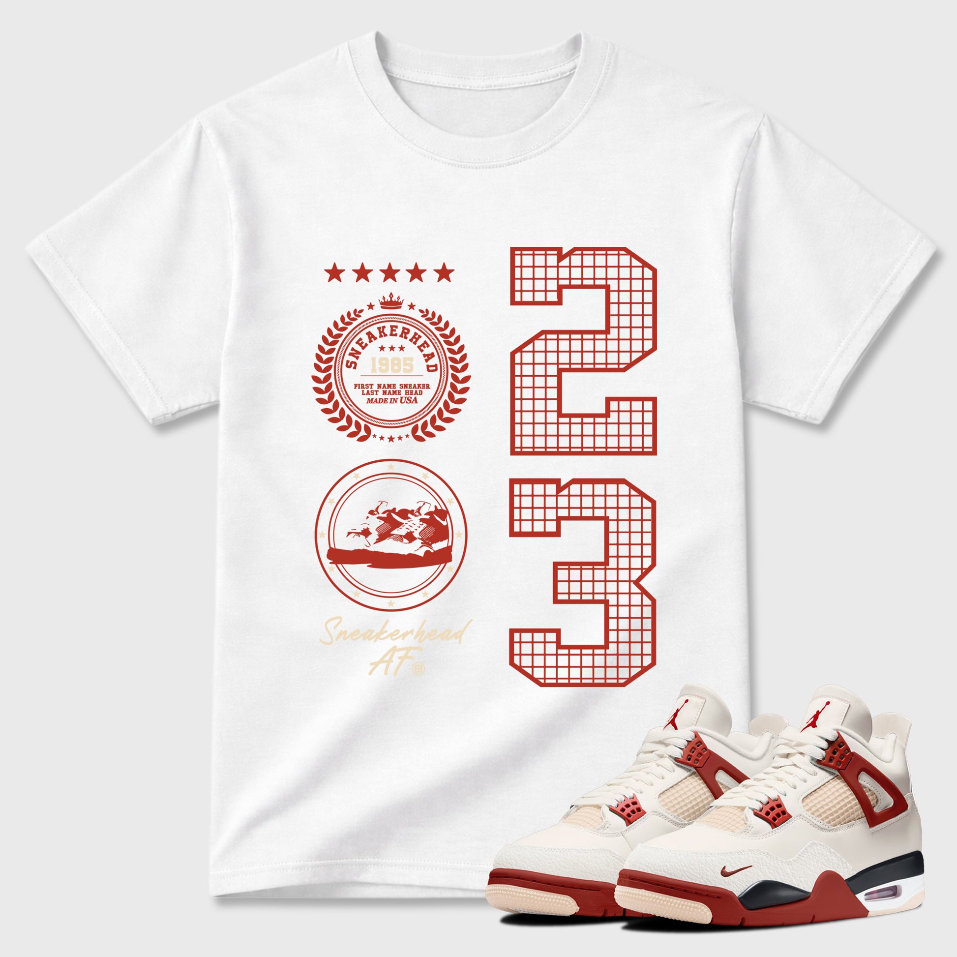 Sneaker Emblem Graphic T-Shirt sneaker match tee designed for the Air Jordan 4 Brick After Brick, featuring coordinated color options for a perfect streetwear match. White 1 shirt.