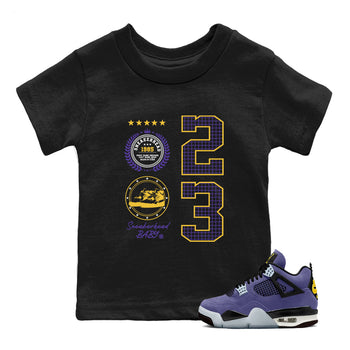 Best Sneakerfits graphic tee – Los Angeles Basketball Tees To Match Air Jordan 4 Lakeshow – Sneaker Emblem Kids T-Shirt Black 1