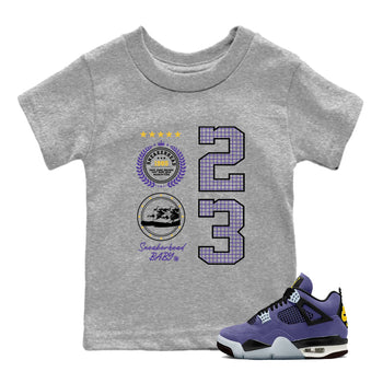 Best Sneakerfits graphic tee – Los Angeles Basketball Tees To Match Air Jordan 4 Lakeshow – Sneaker Emblem Kids T-Shirt Heather Grey 1