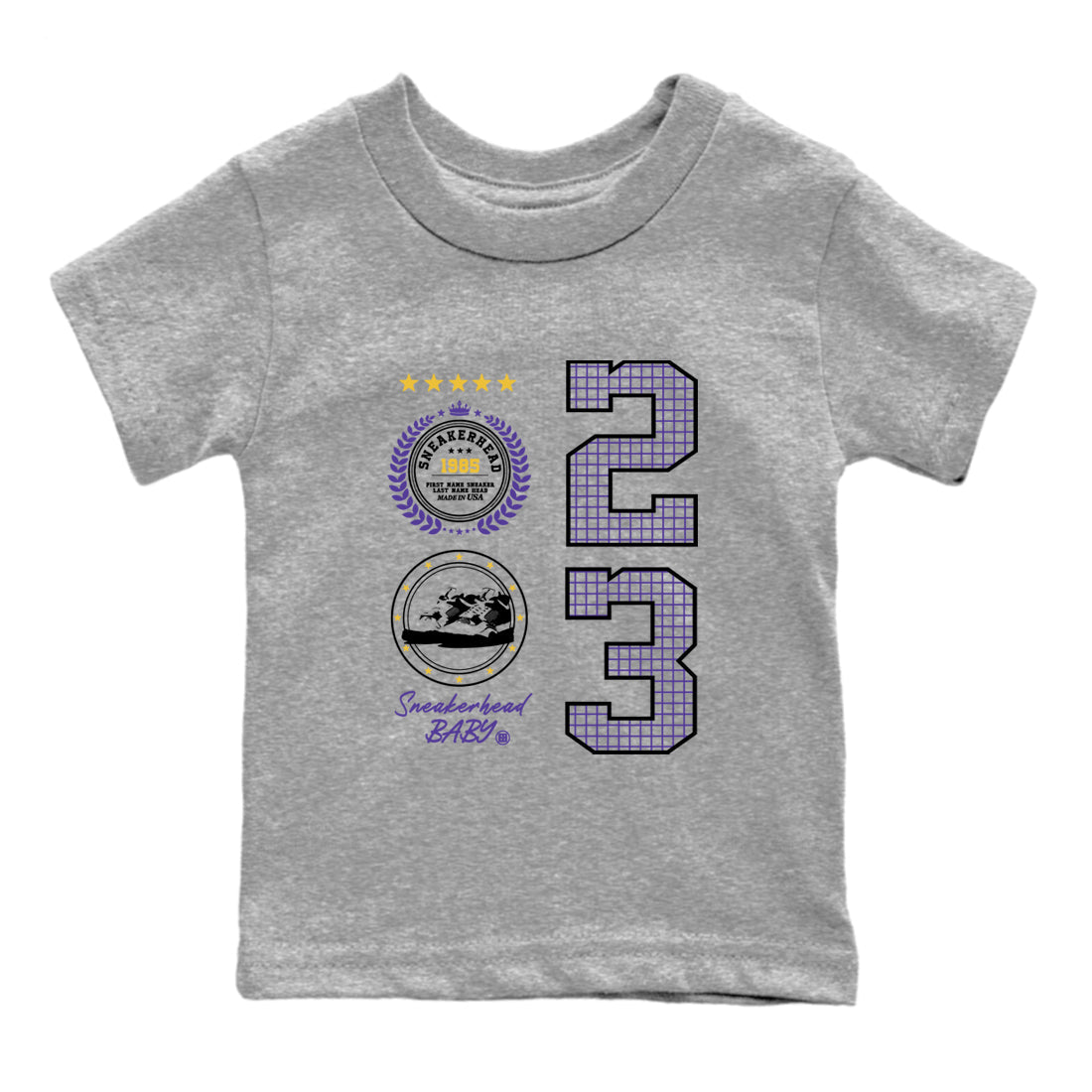 Best Sneakerfits graphic tee – Los Angeles Basketball Tees To Match Air Jordan 4 Lakeshow – Sneaker Emblem Kids T-Shirt Heather Grey 2