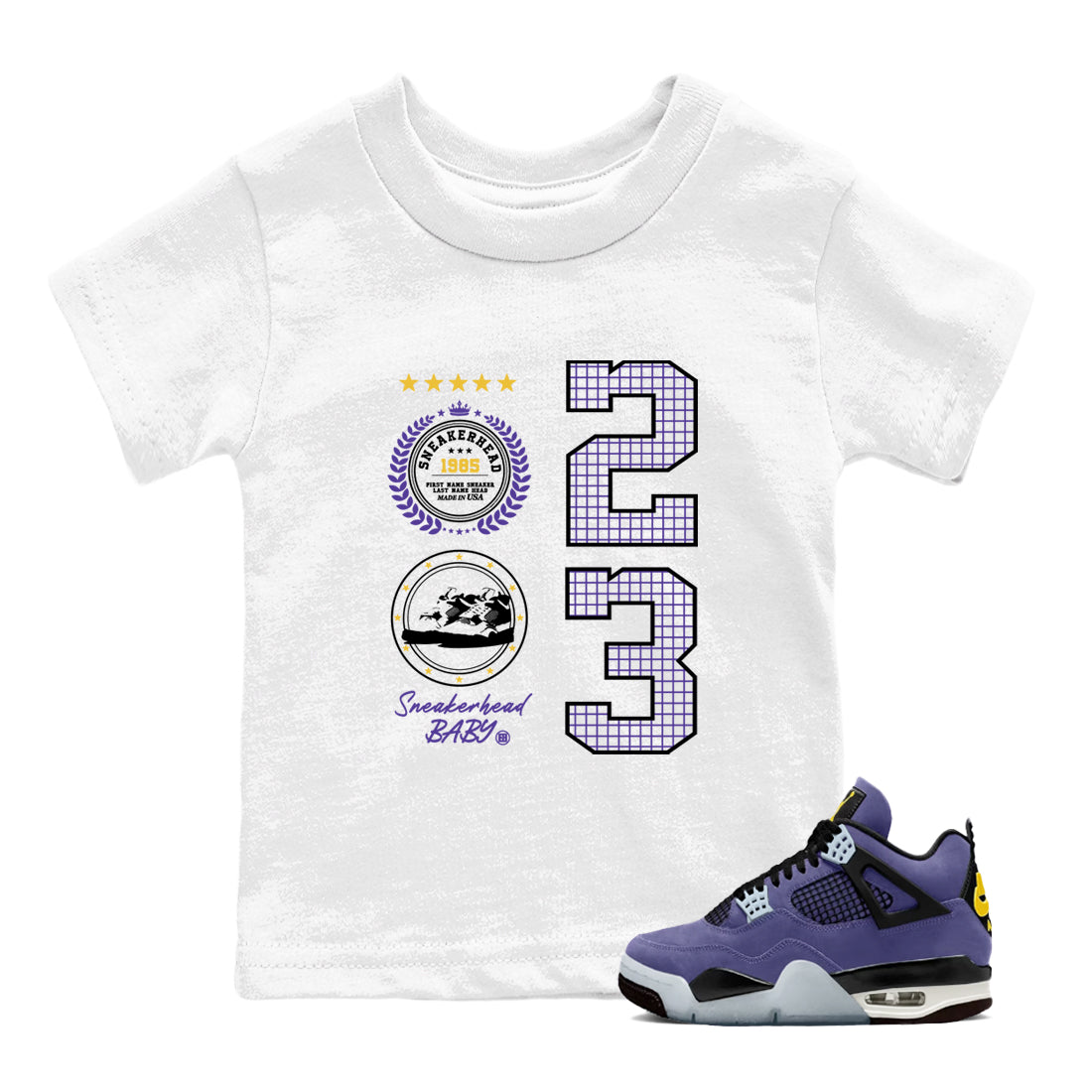 Best Sneakerfits graphic tee – Los Angeles Basketball Tees To Match Air Jordan 4 Lakeshow – Sneaker Emblem Kids T-Shirt White 1