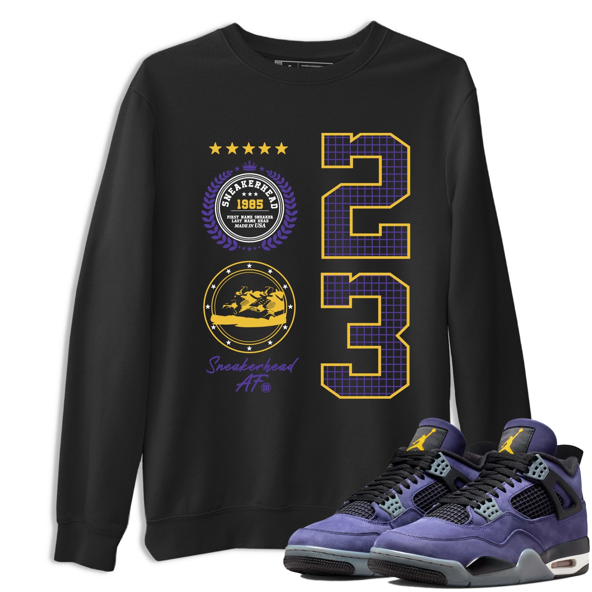 Best Sneakerfits graphic tee – Los Angeles Basketball Tees To Match Air Jordan 4 Lakeshow – Sneaker Emblem Tee Black 1