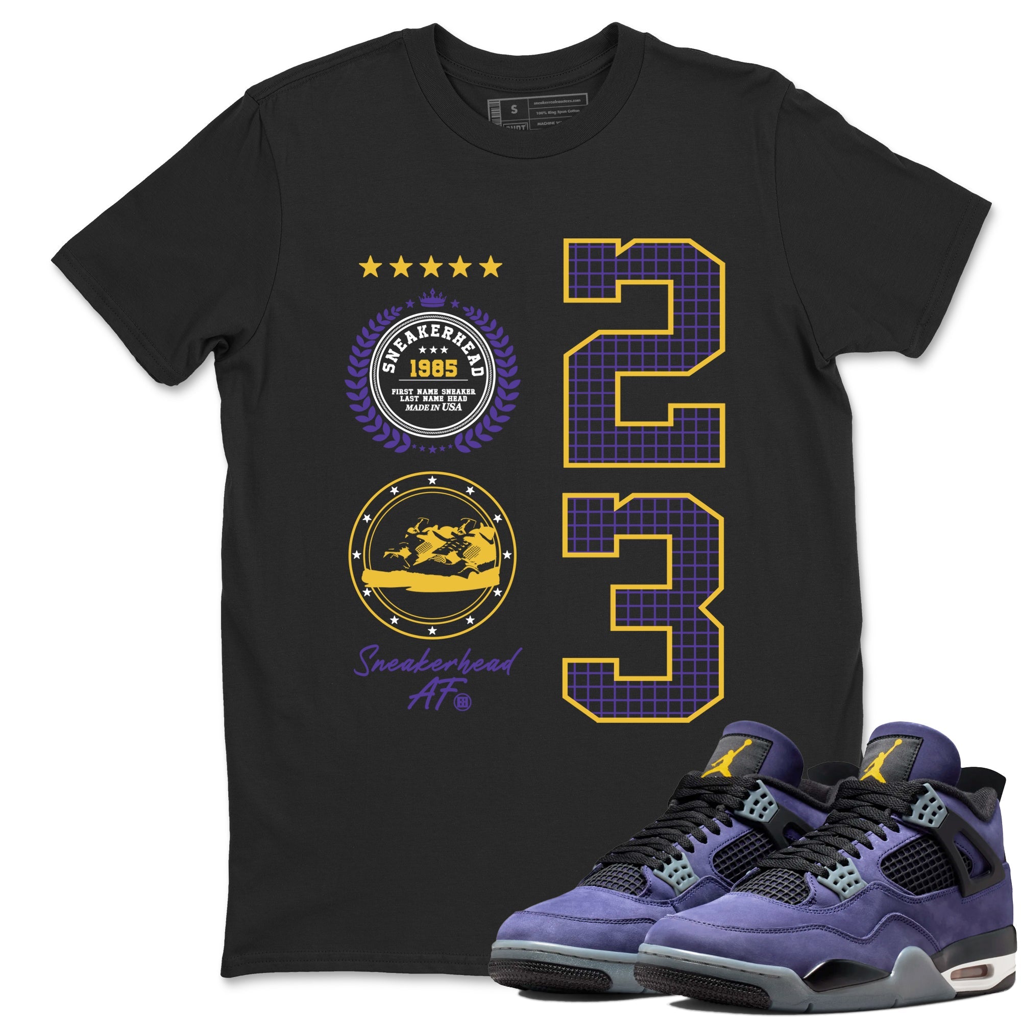 Best Sneakerfits graphic tee – Los Angeles Basketball Tees To Match Air Jordan 4 Lakeshow – Sneaker Emblem Tee Black 1