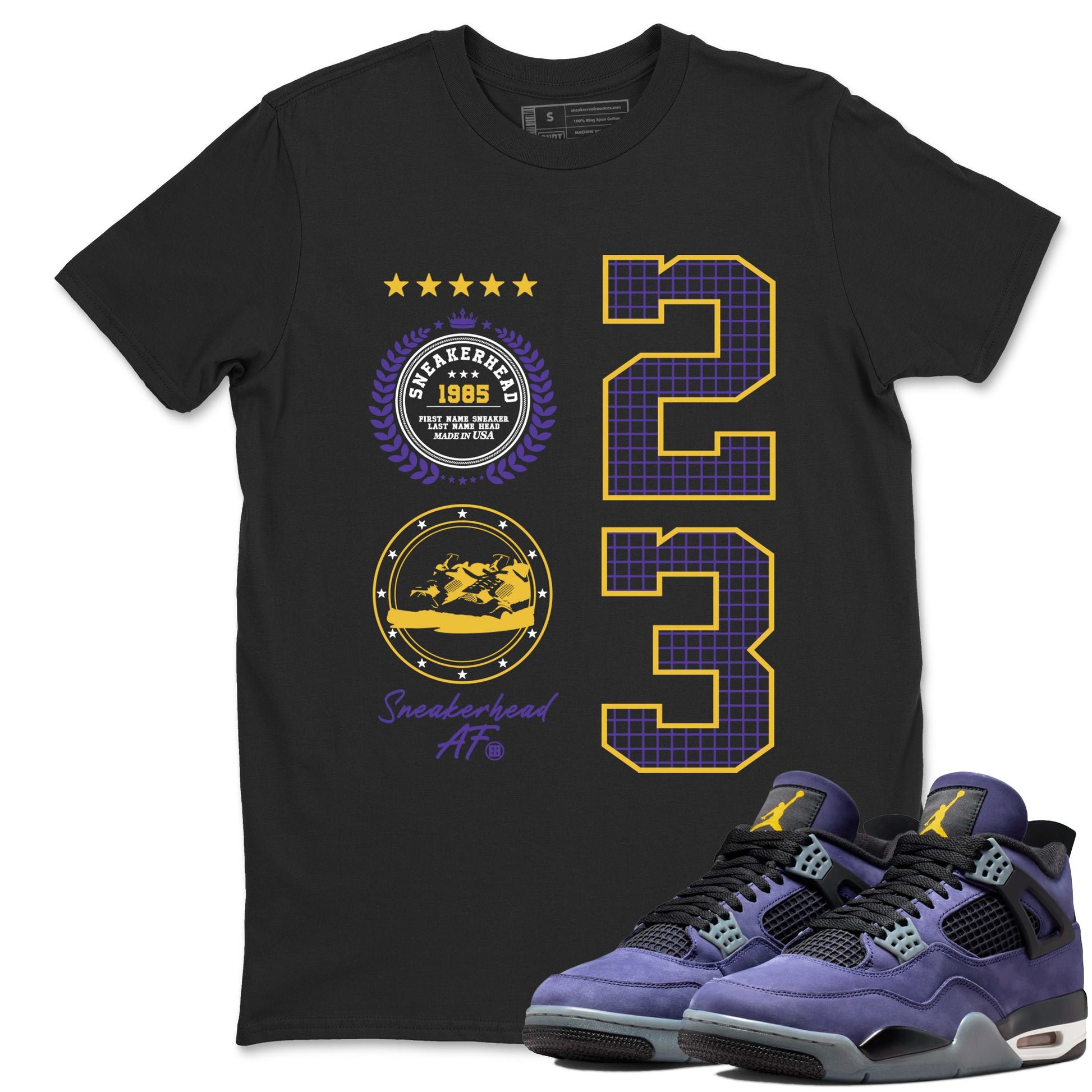 Best Sneakerfits graphic tee – Los Angeles Basketball Tees To Match Air Jordan 4 Lakeshow – Sneaker Emblem Tee Black 1