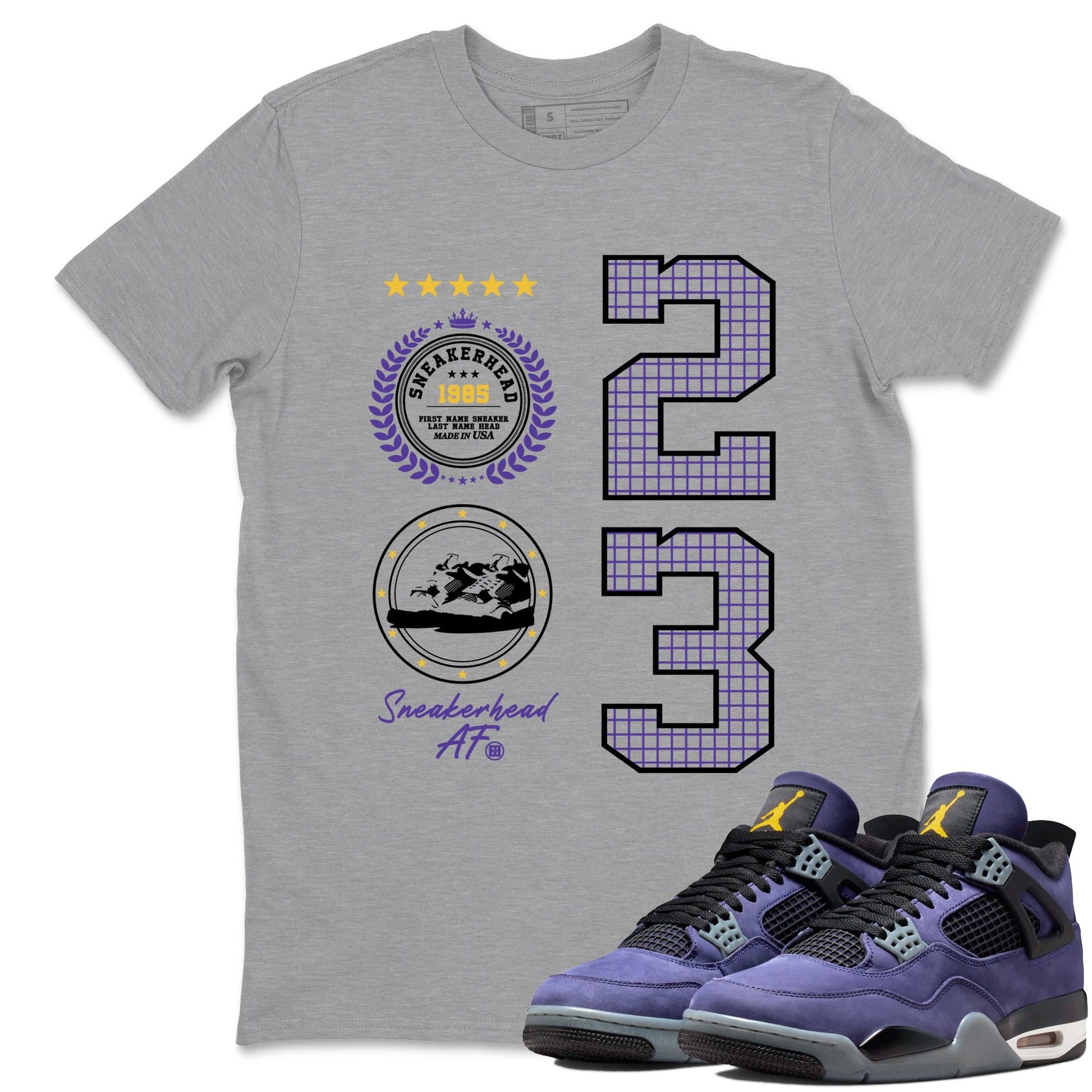 Best Sneakerfits graphic tee – Los Angeles Basketball Tees To Match Air Jordan 4 Lakeshow – Sneaker Emblem Tee Heather Grey 1