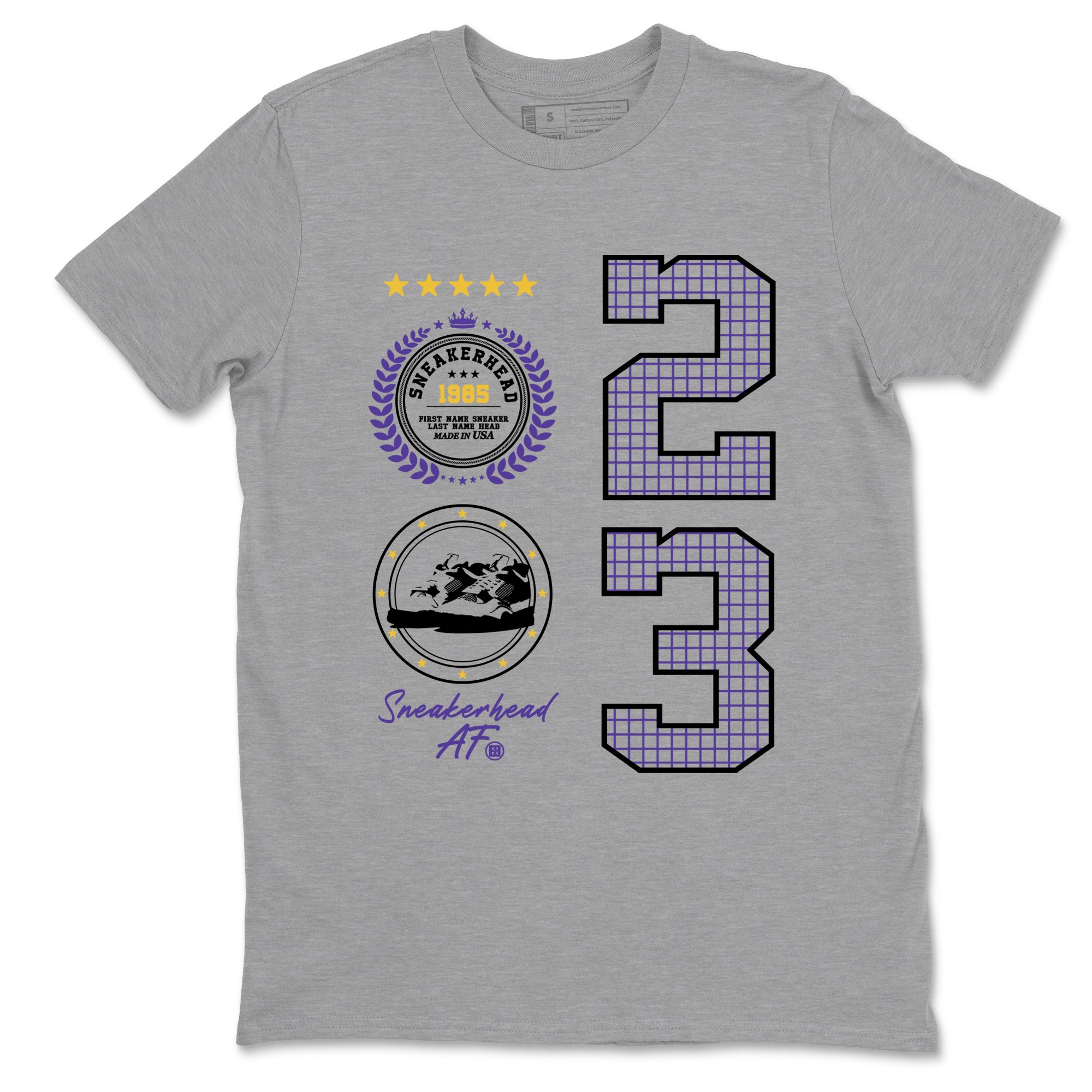 Best Sneakerfits graphic tee – Los Angeles Basketball Tees To Match Air Jordan 4 Lakeshow – Sneaker Emblem Tee Heather Grey 2