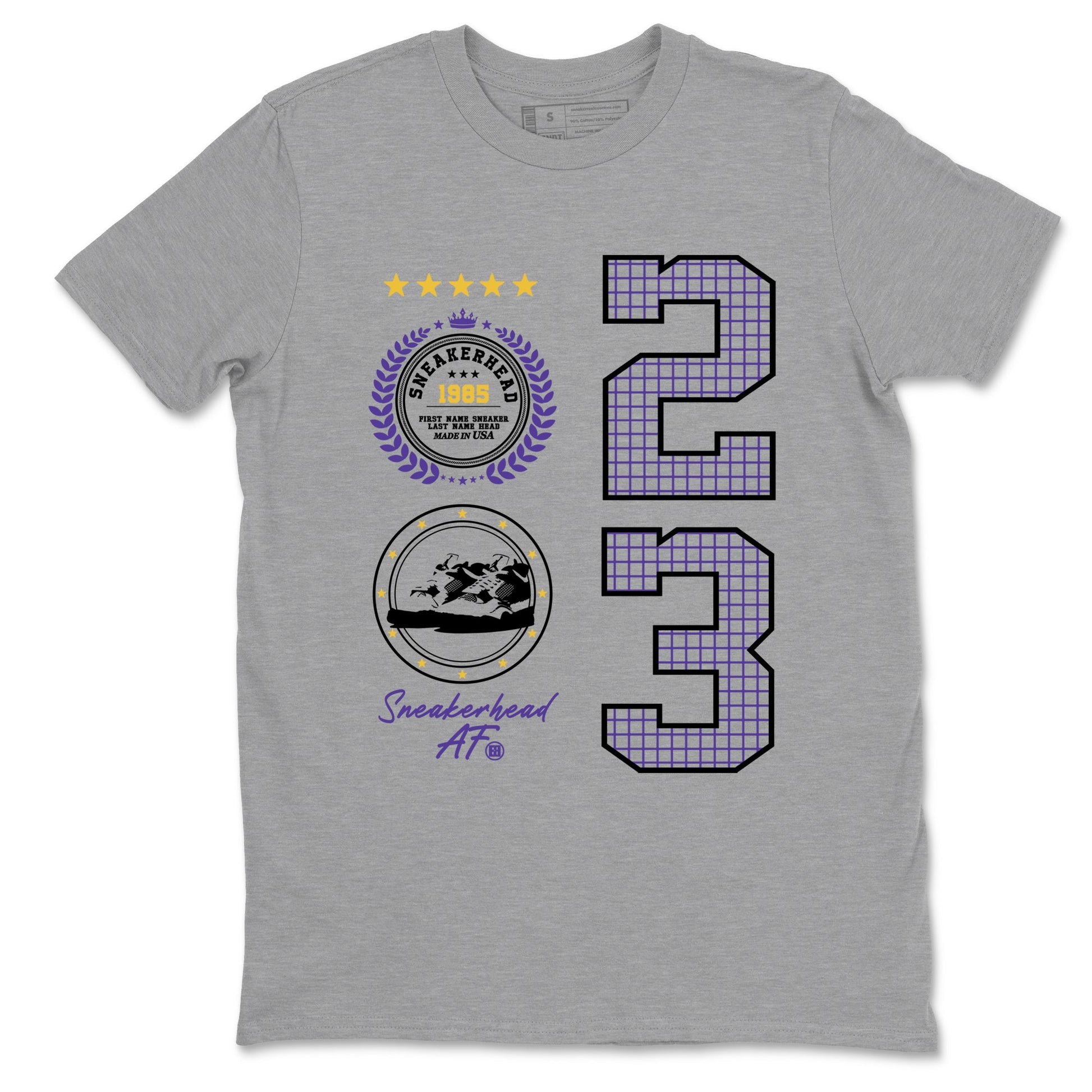 Best Sneakerfits graphic tee – Los Angeles Basketball Tees To Match Air Jordan 4 Lakeshow – Sneaker Emblem Tee Heather Grey 2