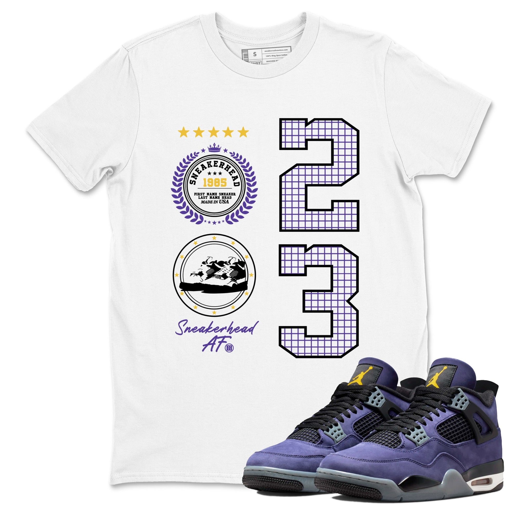 Best Sneakerfits graphic tee – Los Angeles Basketball Tees To Match Air Jordan 4 Lakeshow – Sneaker Emblem Tee White 1