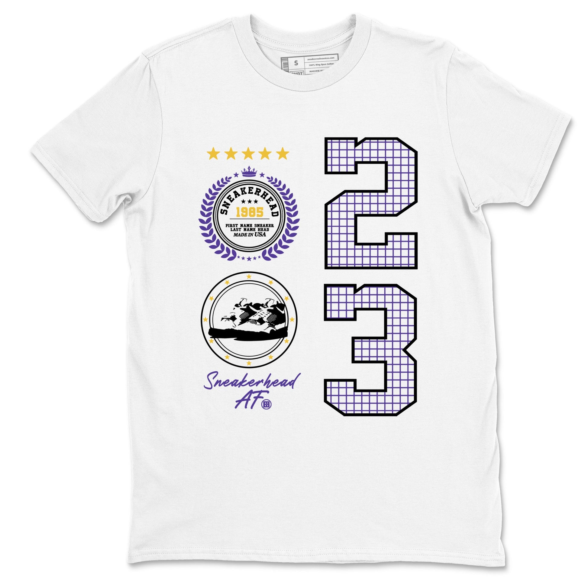 Best Sneakerfits graphic tee – Los Angeles Basketball Tees To Match Air Jordan 4 Lakeshow – Sneaker Emblem Tee White 2