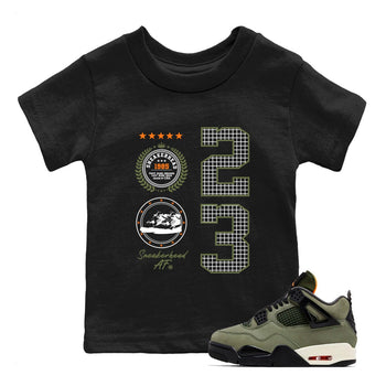 Sneaker match tees – Sneaker Tees To Match Undefeated inspired colorways Air Jordan 4 OG Olive Shoes  – Sneaker Emblem Kids T-Shirt Black 1