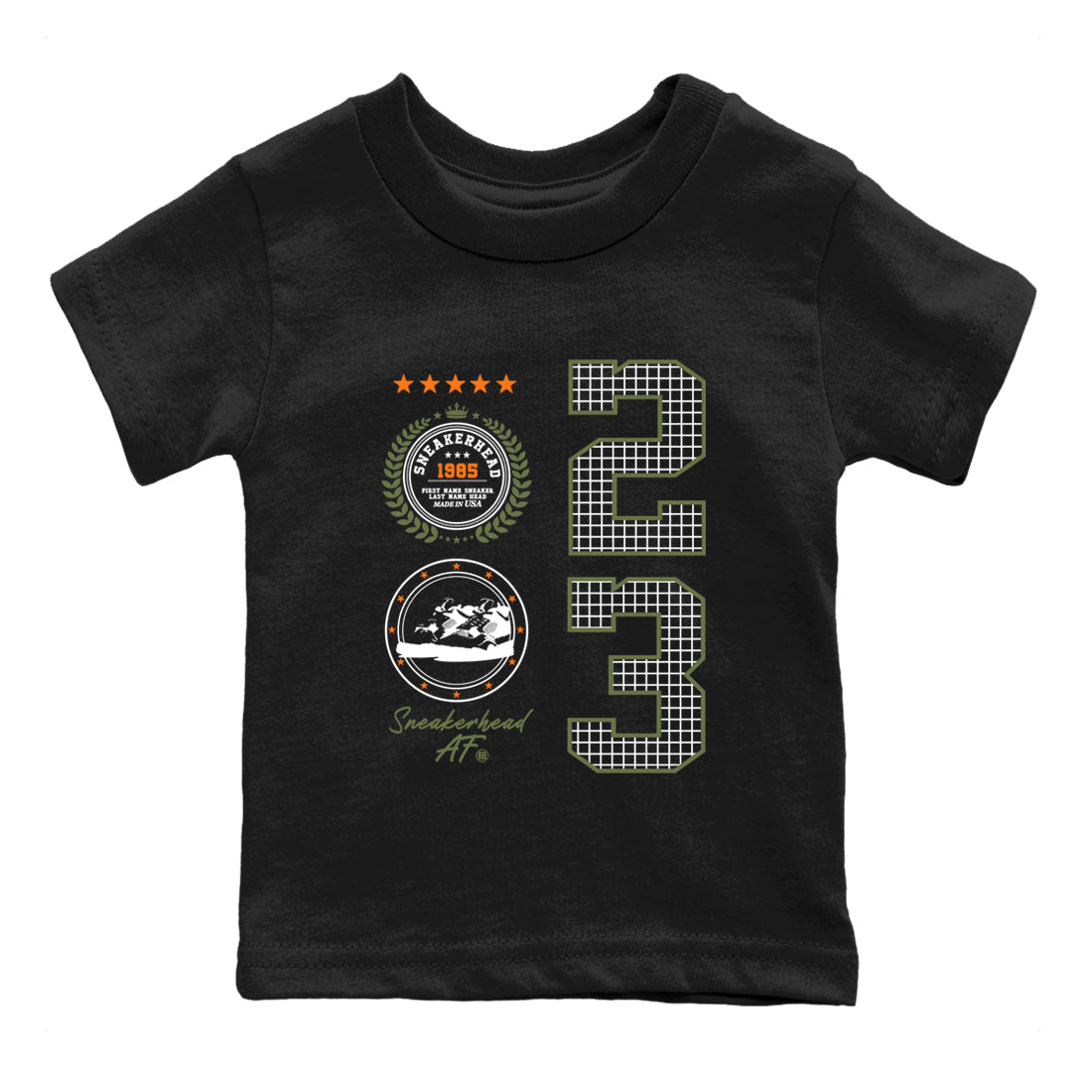 Sneaker match tees – Sneaker Tees To Match Undefeated inspired colorways Air Jordan 4 OG Olive Shoes  – Sneaker Emblem Kids T-Shirt Black 2