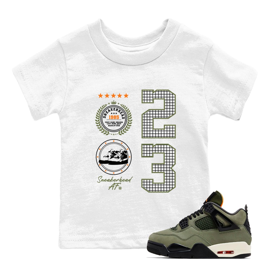 Sneaker match tees – Sneaker Tees To Match Undefeated inspired colorways Air Jordan 4 OG Olive Shoes  – Sneaker Emblem Kids T-Shirt White 1