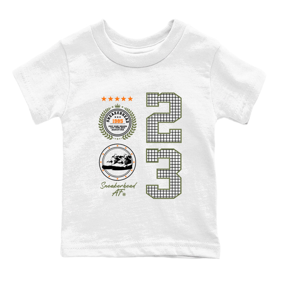 Sneaker match tees – Sneaker Tees To Match Undefeated inspired colorways Air Jordan 4 OG Olive Shoes  – Sneaker Emblem Kids T-Shirt White 2