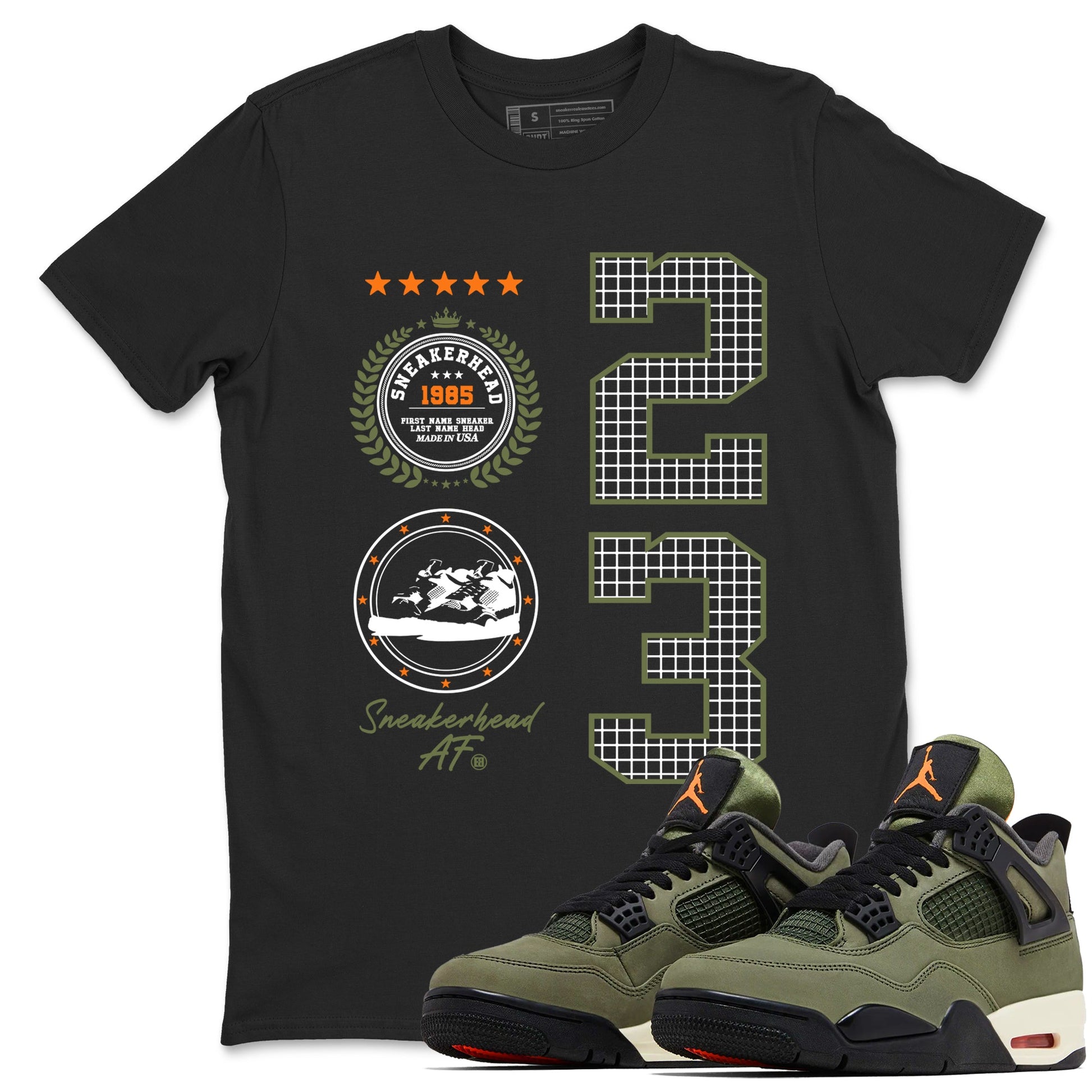 Sneaker match tees – Sneaker Tees To Match Undefeated inspired colorways Air Jordan 4 OG Olive Shoes  – Sneaker Emblem Tee Black 1