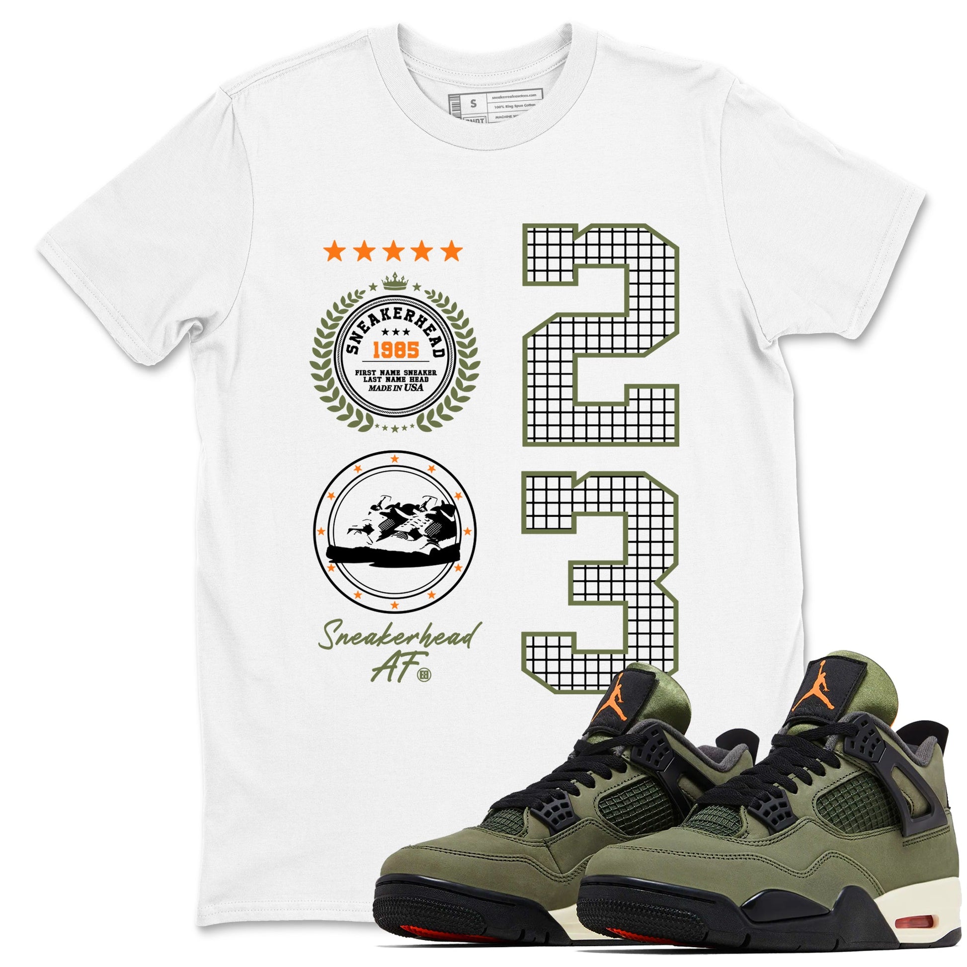 Sneaker match tees – Sneaker Tees To Match Undefeated inspired colorways Air Jordan 4 OG Olive Shoes  – Sneaker Emblem Tee White 1