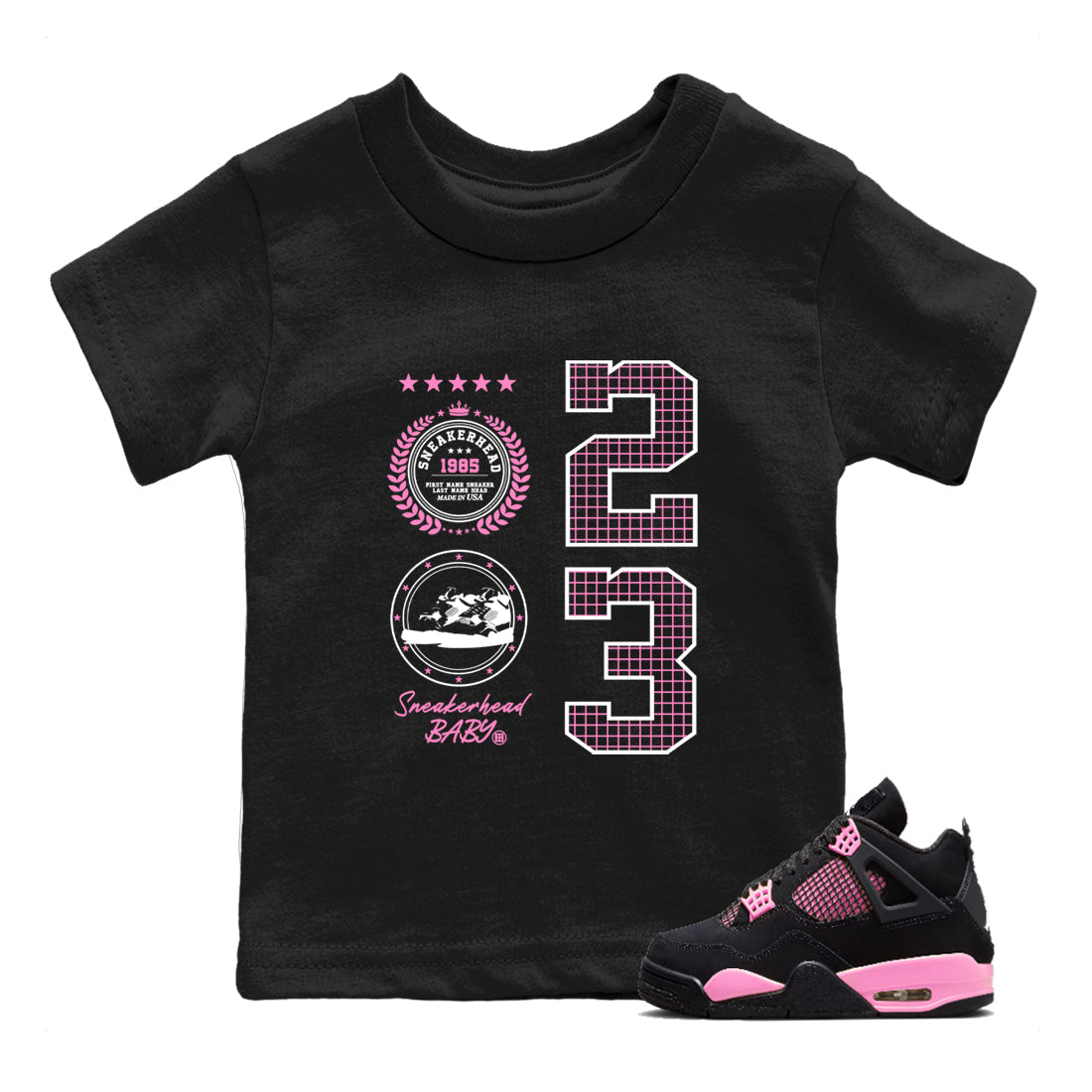 Perfect Valentine's Day Gifts graphic tee  – Sneaker Tees To Match Air Jordan 4 Pink Thunder – Sneaker Emblem Kids Graphic T-Shirt Black 1