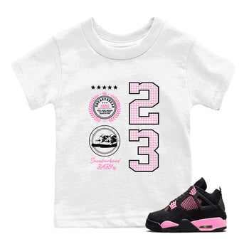 Perfect Valentine's Day Gifts graphic tee  – Sneaker Tees To Match Air Jordan 4 Pink Thunder – Sneaker Emblem Kids Graphic T-Shirt White 1