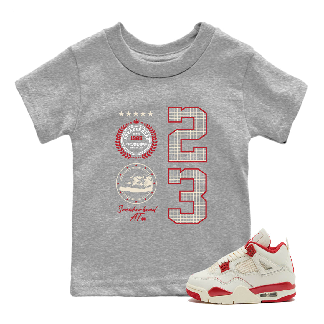 Best Sneakerfits graphic tee – Perfect Valentine's Day outfits to match Air Jordan 4 Valentines Day – Sneaker Emblem Kids T-Shirt Heather Grey 1