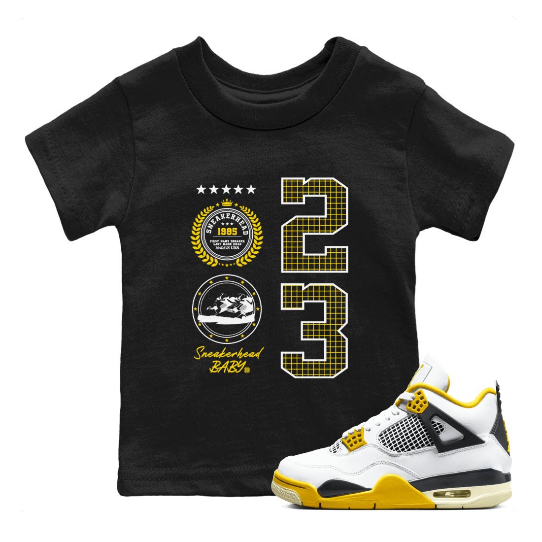 AJ4 Vivid Sulfur shirt to match jordans Sneaker Emblem sneaker tees Air Jordan 4 Vivid Sulfur SNRT sneaker release tees baby toddler Black 1 cotton Shirt