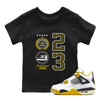 AJ4 Vivid Sulfur shirt to match jordans Sneaker Emblem sneaker tees Air Jordan 4 Vivid Sulfur SNRT sneaker release tees baby toddler Black 1 cotton Shirt