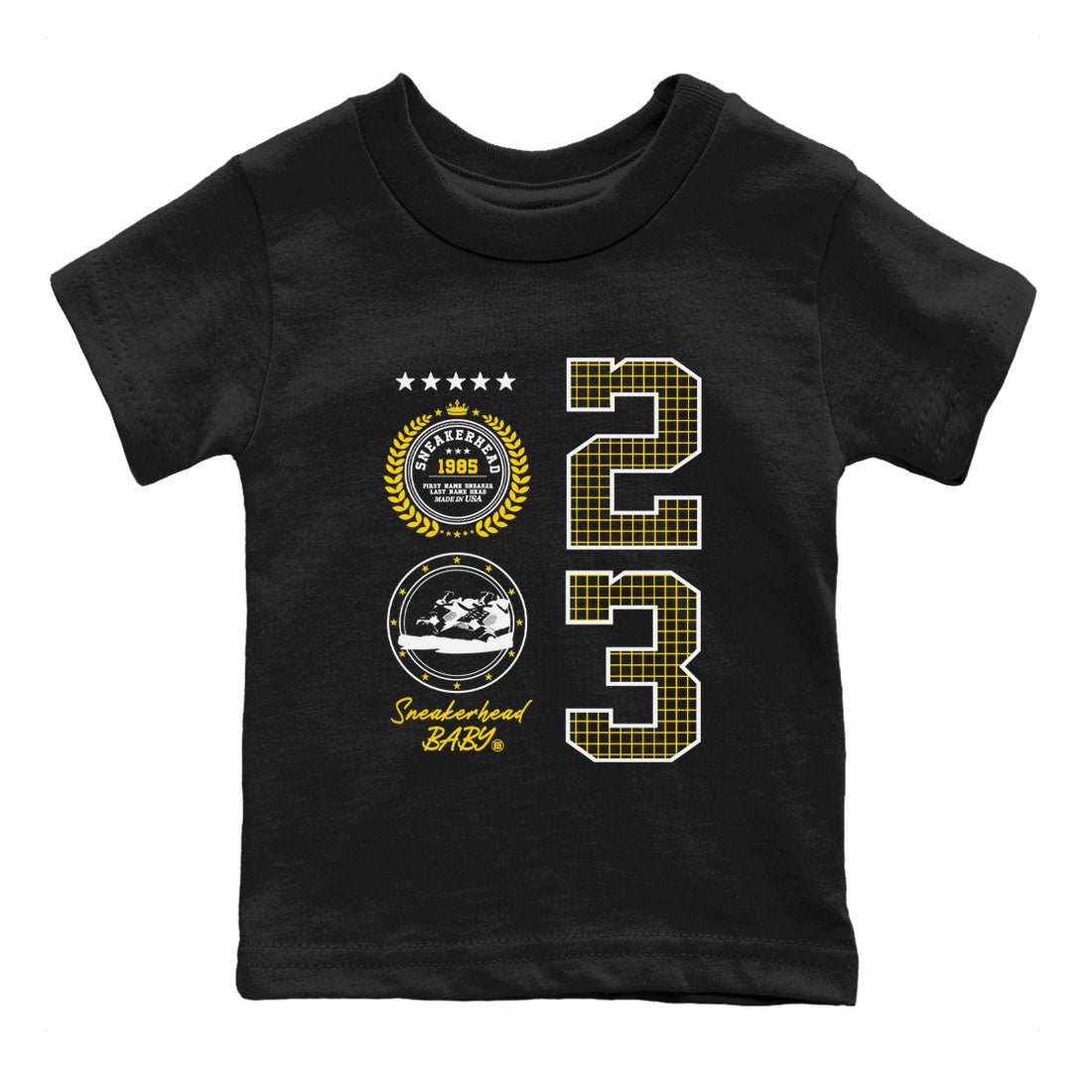 AJ4 Vivid Sulfur shirt to match jordans Sneaker Emblem sneaker tees Air Jordan 4 Vivid Sulfur SNRT sneaker release tees baby toddler Black 2 cotton Shirt