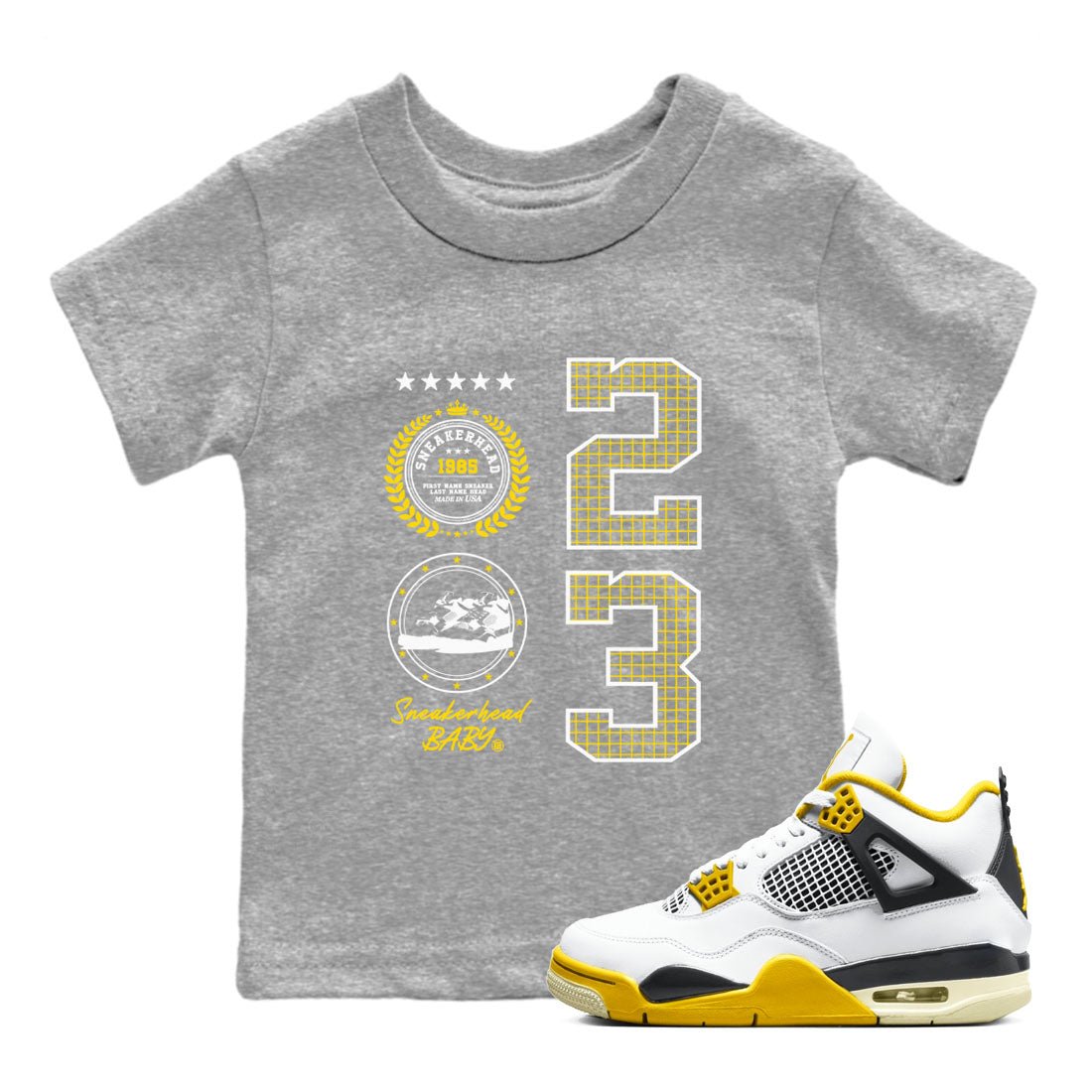 AJ4 Vivid Sulfur shirt to match jordans Sneaker Emblem sneaker tees Air Jordan 4 Vivid Sulfur SNRT sneaker release tees baby toddler Heather Grey 1 cotton Shirt