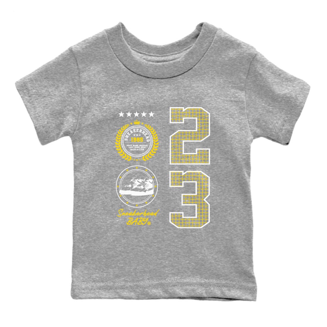 AJ4 Vivid Sulfur shirt to match jordans Sneaker Emblem sneaker tees Air Jordan 4 Vivid Sulfur SNRT sneaker release tees baby toddler Heather Grey 2 cotton Shirt
