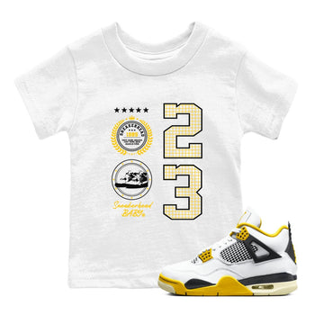 AJ4 Vivid Sulfur shirt to match jordans Sneaker Emblem sneaker tees Air Jordan 4 Vivid Sulfur SNRT sneaker release tees baby toddler White 1 cotton Shirt