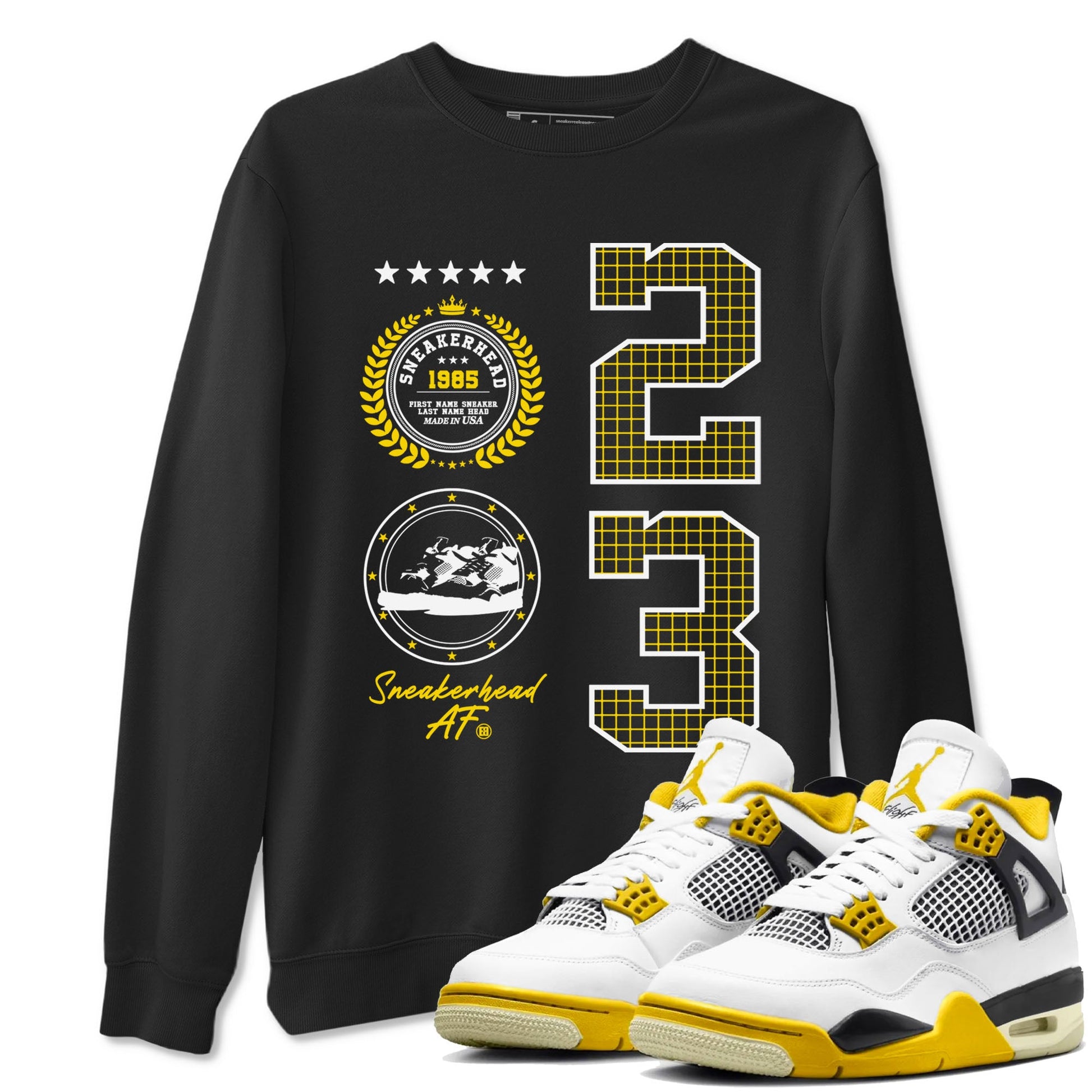 AJ4 Vivid Sulfur shirt to match jordans Sneaker Emblem sneaker tees Air Jordan 4 Vivid Sulfur SNRT Sneaker Release Tees unisex cotton Black 1 crew neck shirt