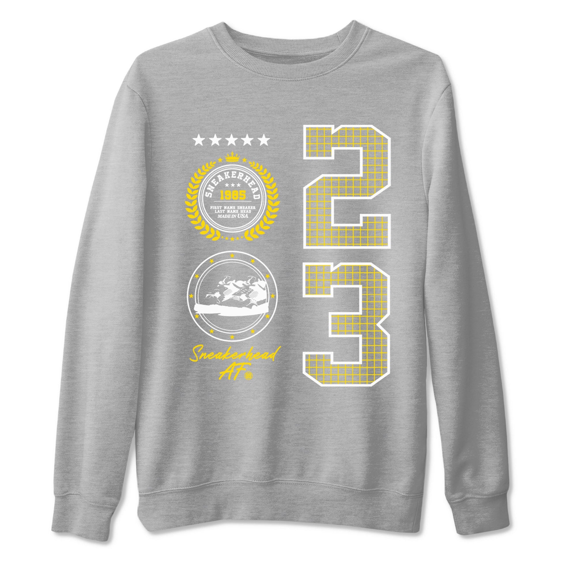 AJ4 Vivid Sulfur shirt to match jordans Sneaker Emblem sneaker tees Air Jordan 4 Vivid Sulfur SNRT Sneaker Release Tees unisex cotton Heather Grey 2 crew neck shirt