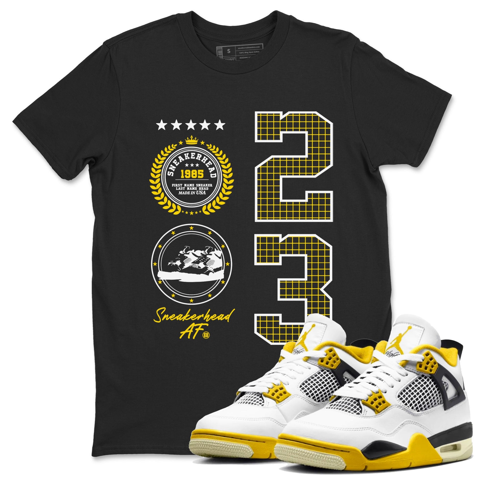 AJ4 Vivid Sulfur shirt to match jordans Sneaker Emblem sneaker tees Air Jordan 4 Vivid Sulfur SNRT Sneaker Release Tees unisex cotton Black 1 crew neck shirt