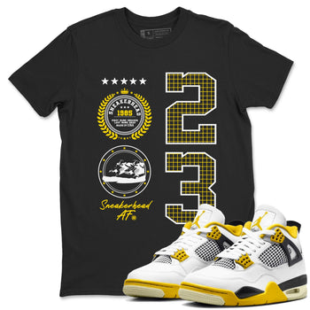 AJ4 Vivid Sulfur shirt to match jordans Sneaker Emblem sneaker tees Air Jordan 4 Vivid Sulfur SNRT Sneaker Release Tees unisex cotton Black 1 crew neck shirt